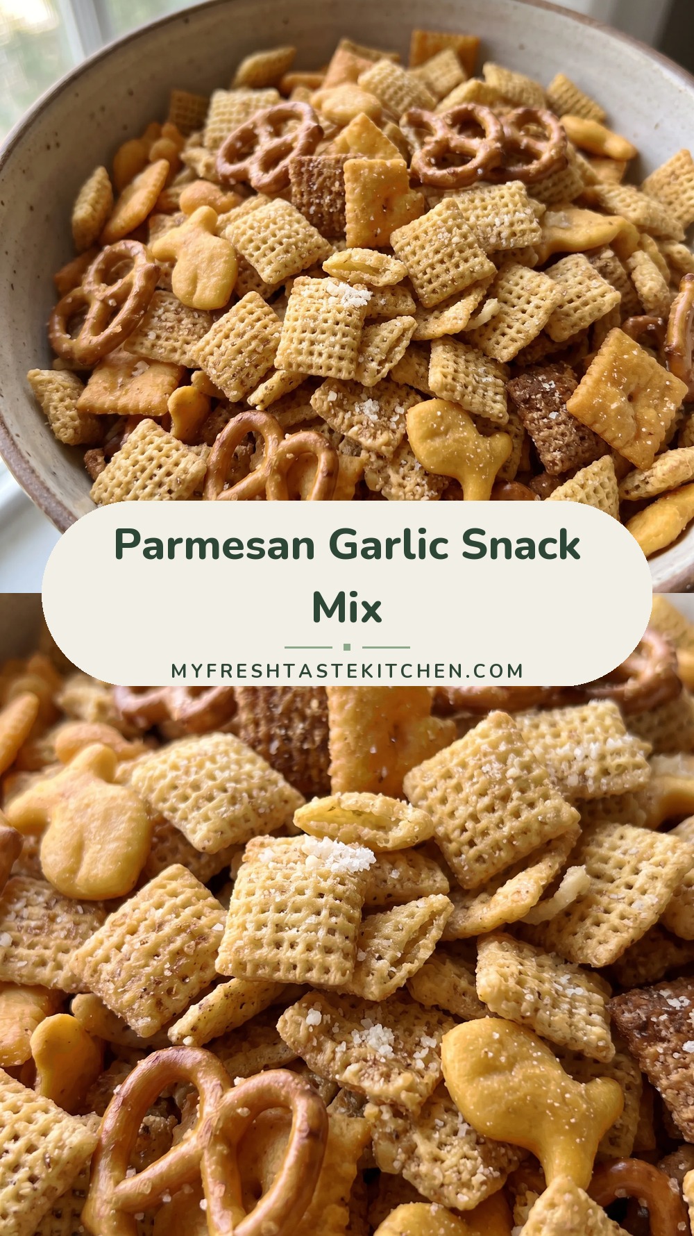 A mix of corn Chex cereal, goldfish crackers, pretzel twists, and Cheez-its coated with butter and spices, sprinkled with Parmesan cheese.