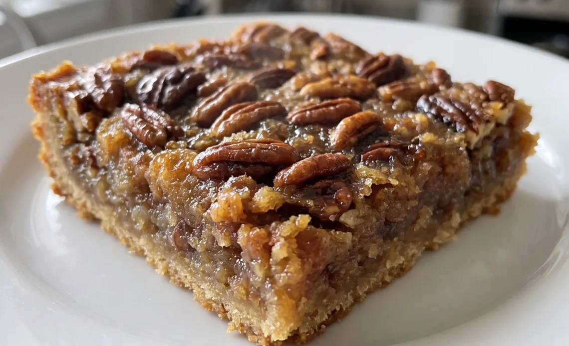 Pecan pie bars with a glossy corn syrup filling and toasted pecans on top.