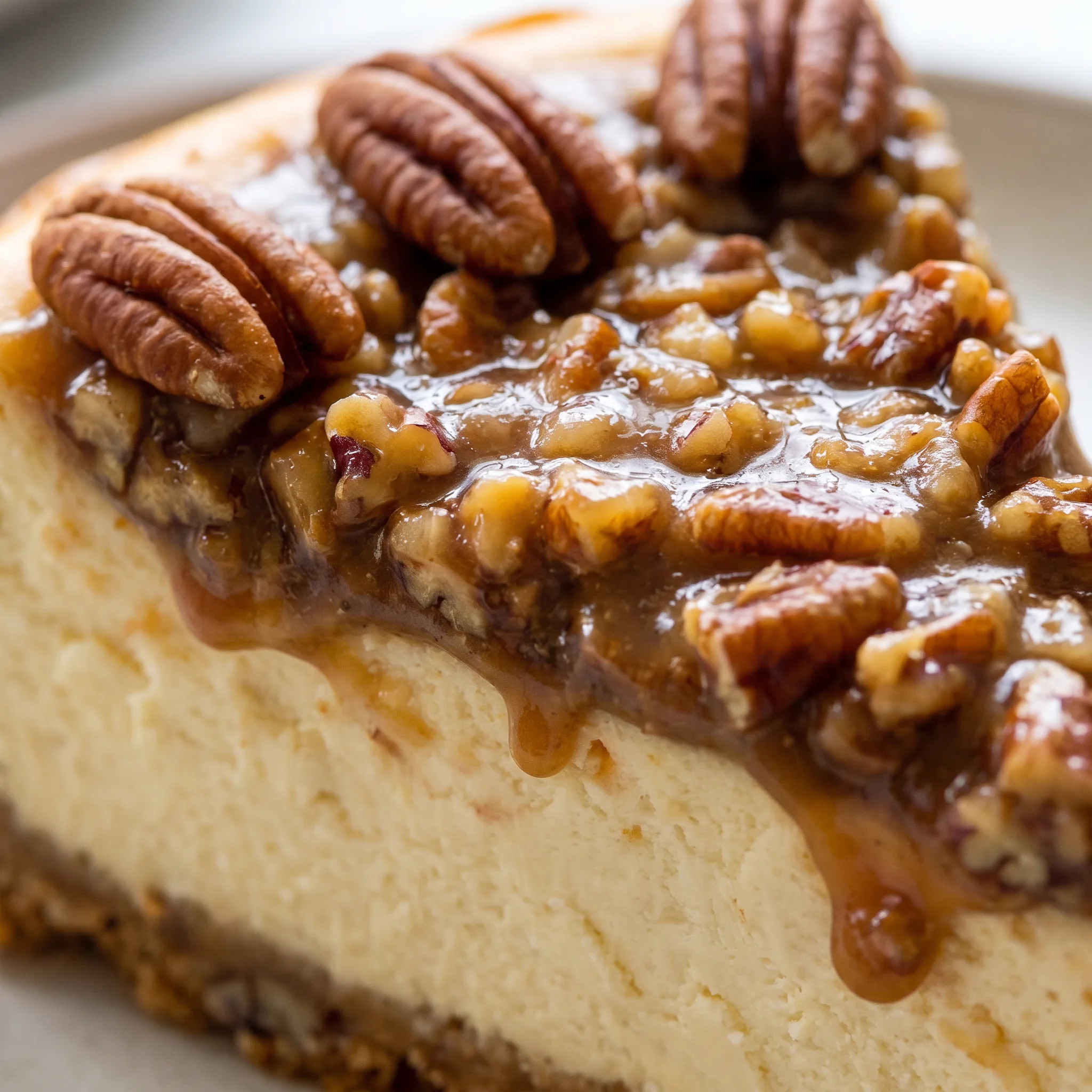 Smooth cheesecake topped with a sticky, candied pecan layer over a crumbly graham cracker base.