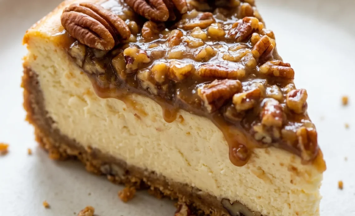 Pecan pie cheesecake with a graham cracker crust, creamy cheesecake layer, and glossy pecan topping.