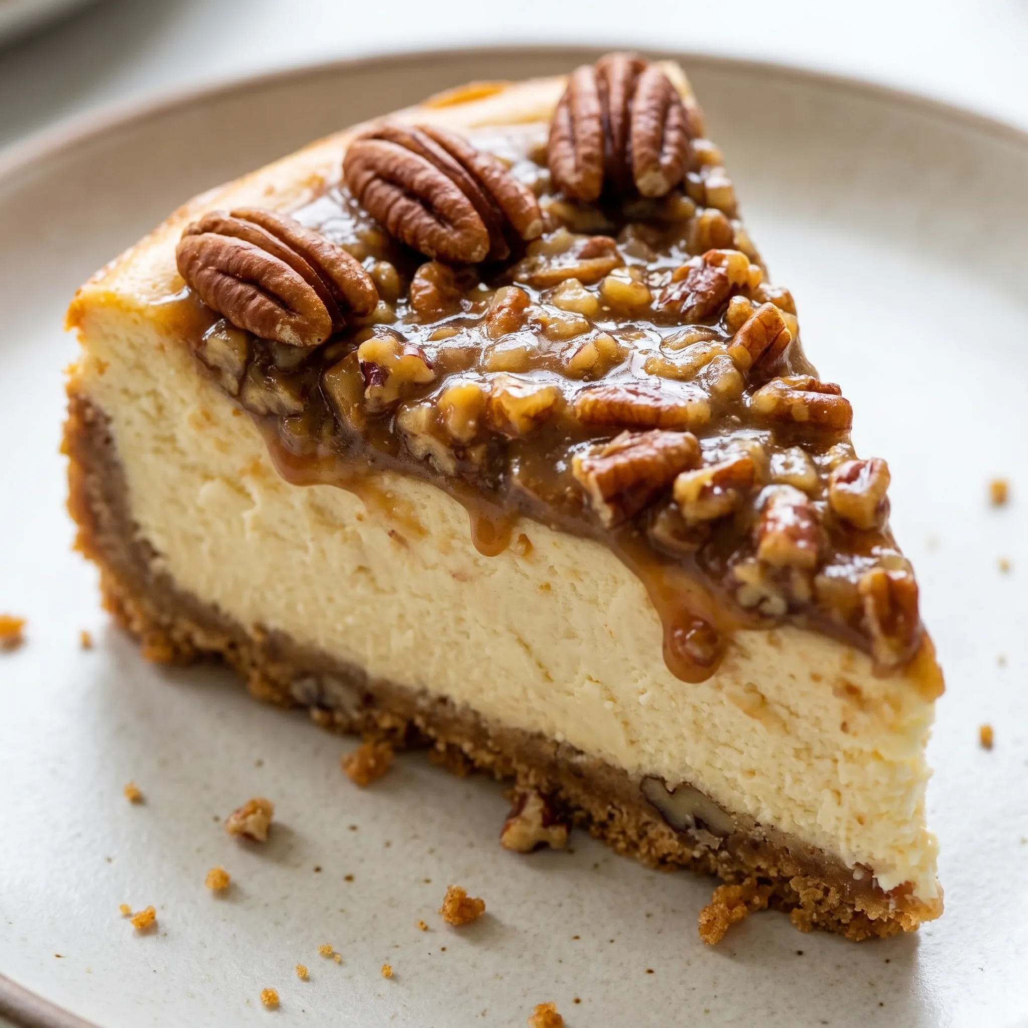 Pecan pie cheesecake with a graham cracker crust, creamy cheesecake layer, and glossy pecan topping.