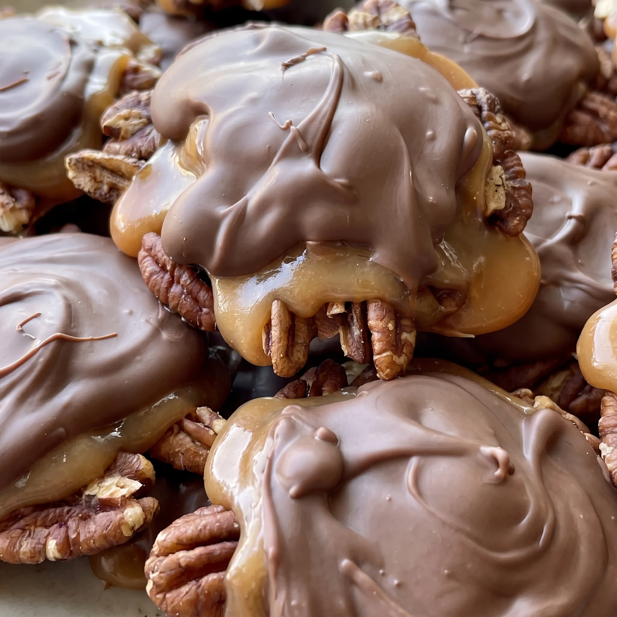 Shiny dark chocolate shell over a pecan and caramel center, with a bite revealing the chewy caramel and nutty texture.