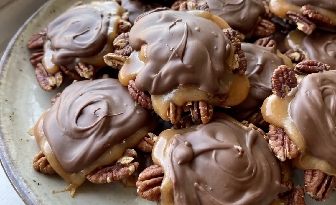 Homemade turtle candy with three pecan clusters, each topped with soft caramel and coated in dark chocolate.