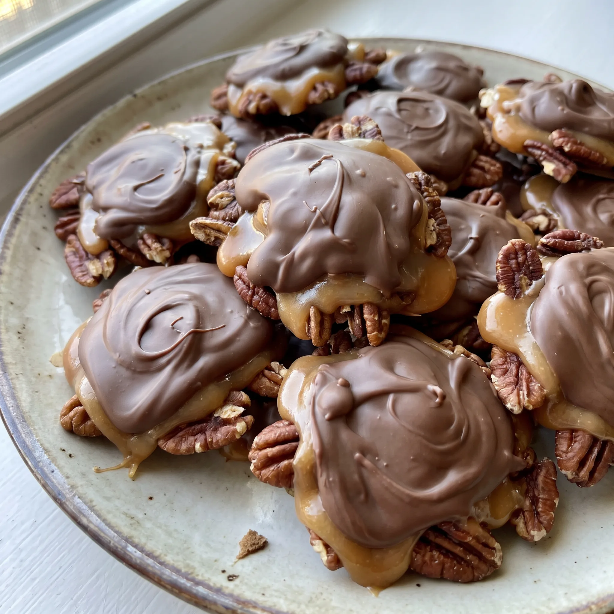 Homemade turtle candy with three pecan clusters, each topped with soft caramel and coated in dark chocolate.