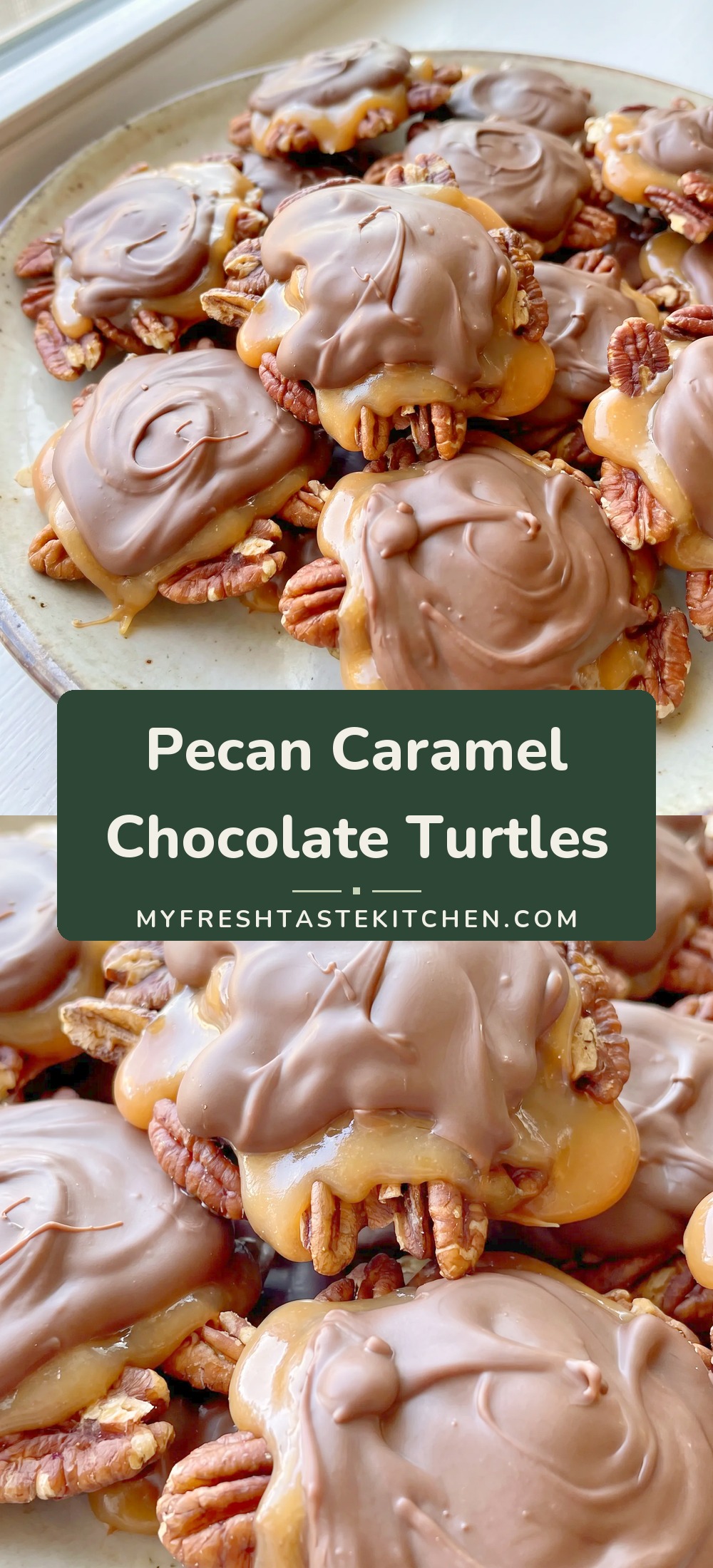 Clusters of roasted pecan halves topped with glossy caramel and drizzled with melted milk chocolate.