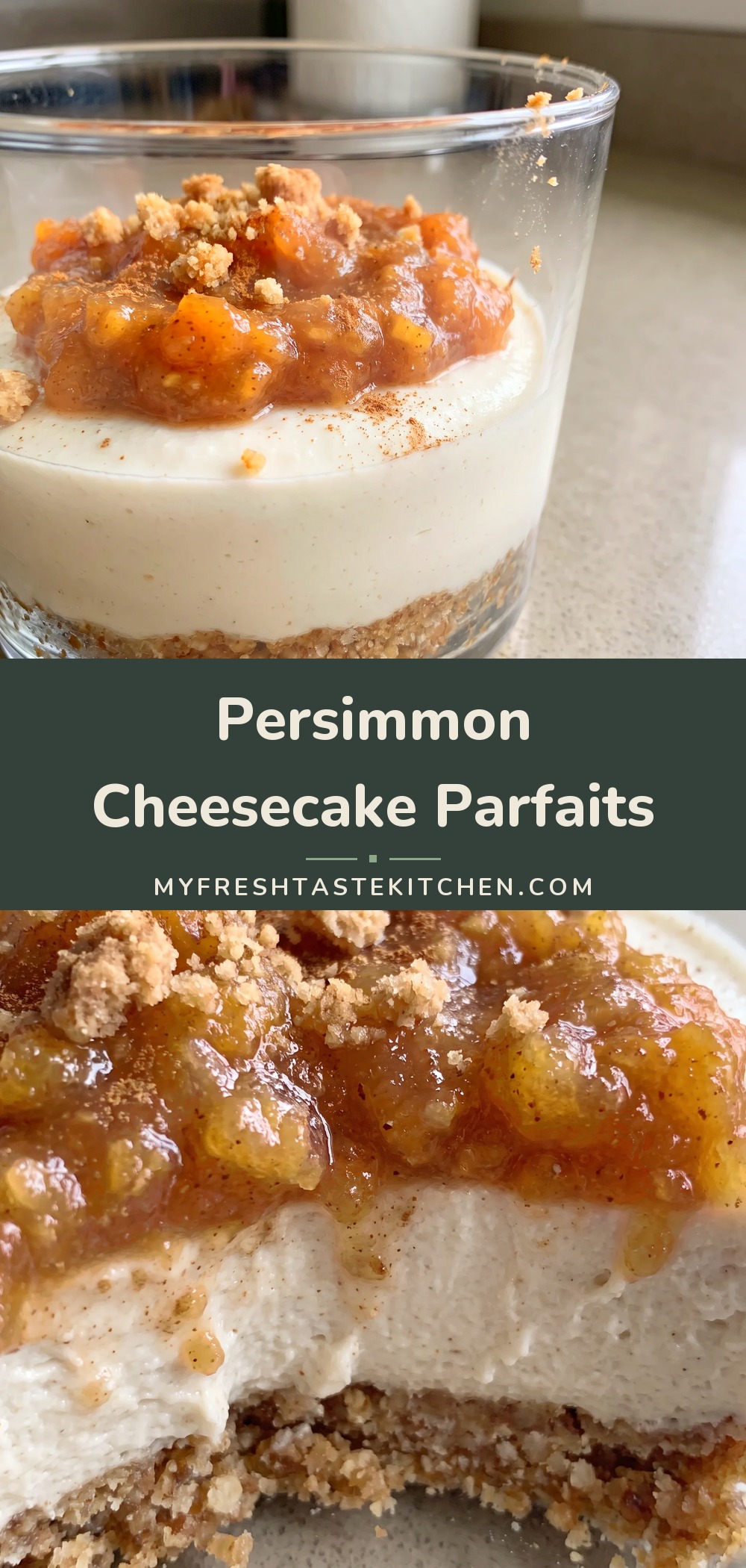 Layered dessert in a glass with golden persimmon chunks, creamy white cashew filling, and a crumbly almond-date crust.