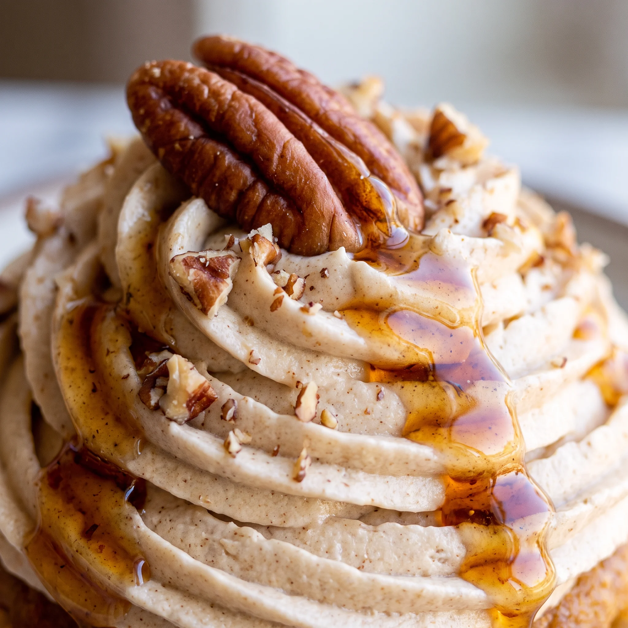 Swirled maple pecan frosting with visible pecan pieces atop a pumpkin cupcake.