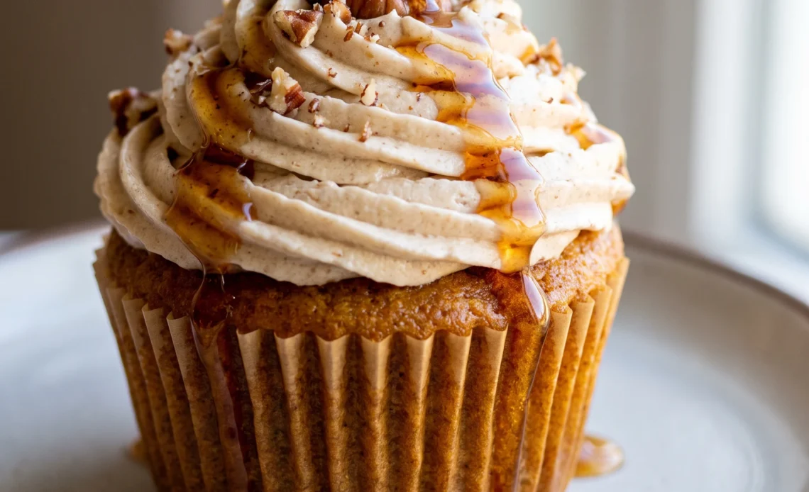 Pumpkin cupcakes with maple pecan frosting and toasted pecans, each topped with a swirl of frosting.