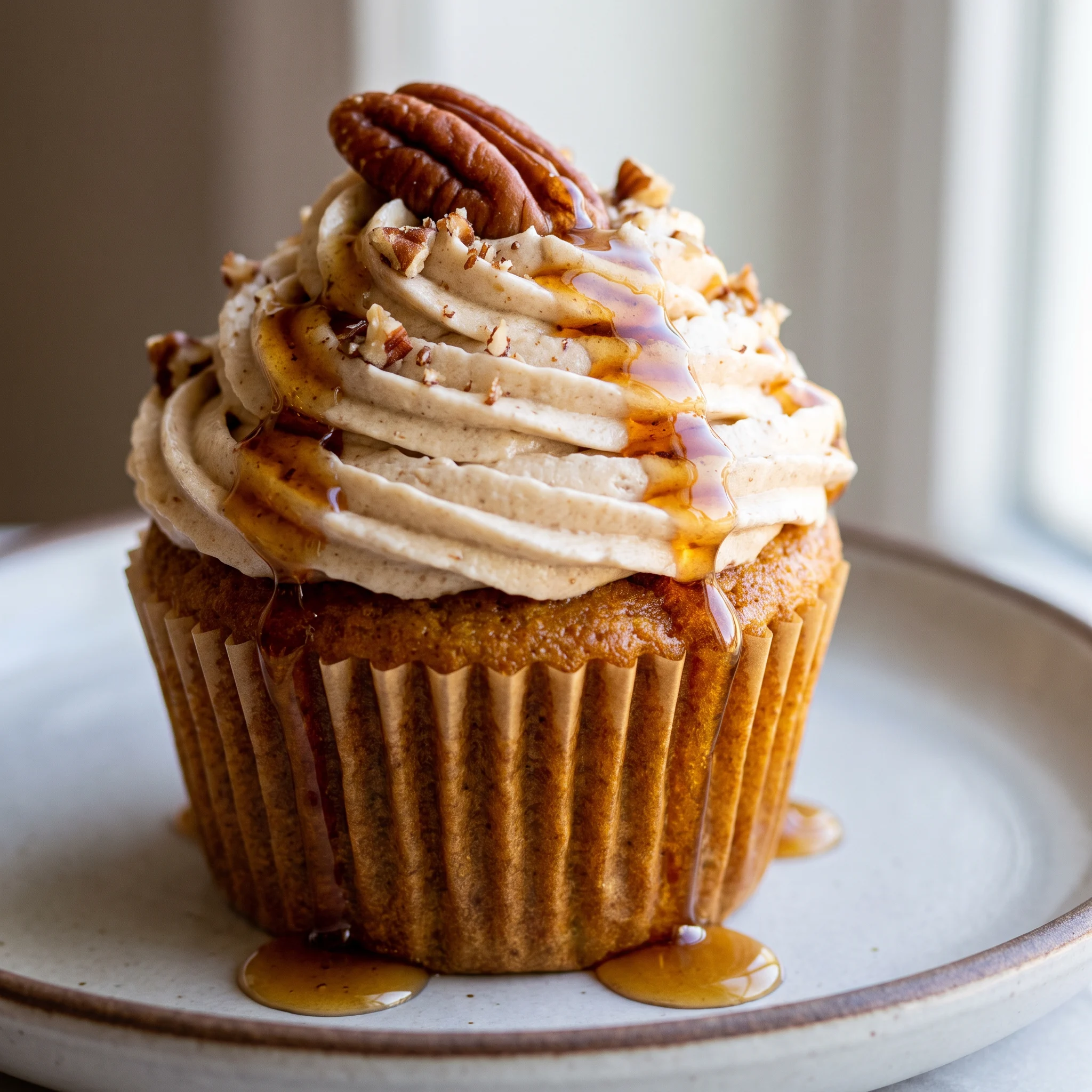 Pumpkin cupcakes with maple pecan frosting and toasted pecans, each topped with a swirl of frosting.