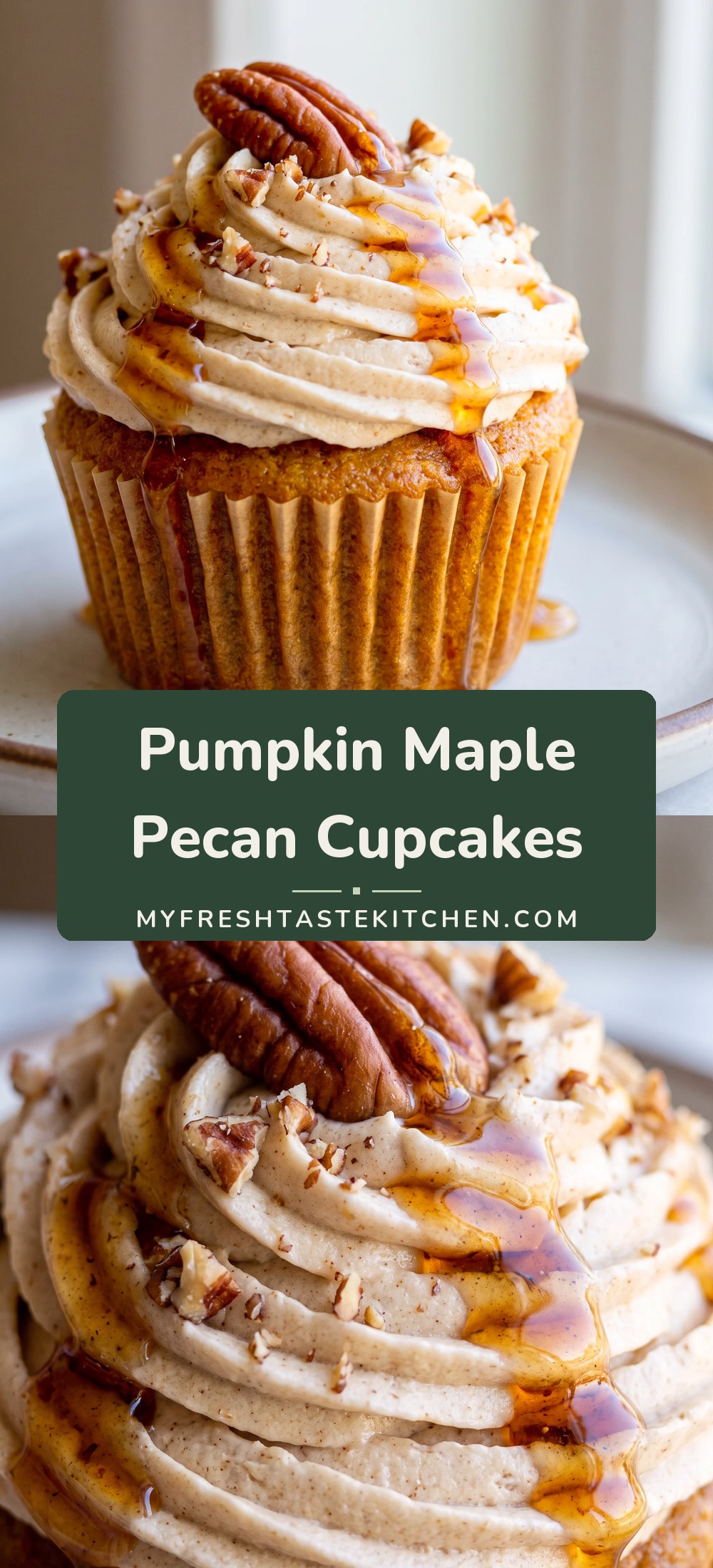 Pumpkin cupcakes topped with maple pecan frosting, toasted pecans, and a maple syrup drizzle.