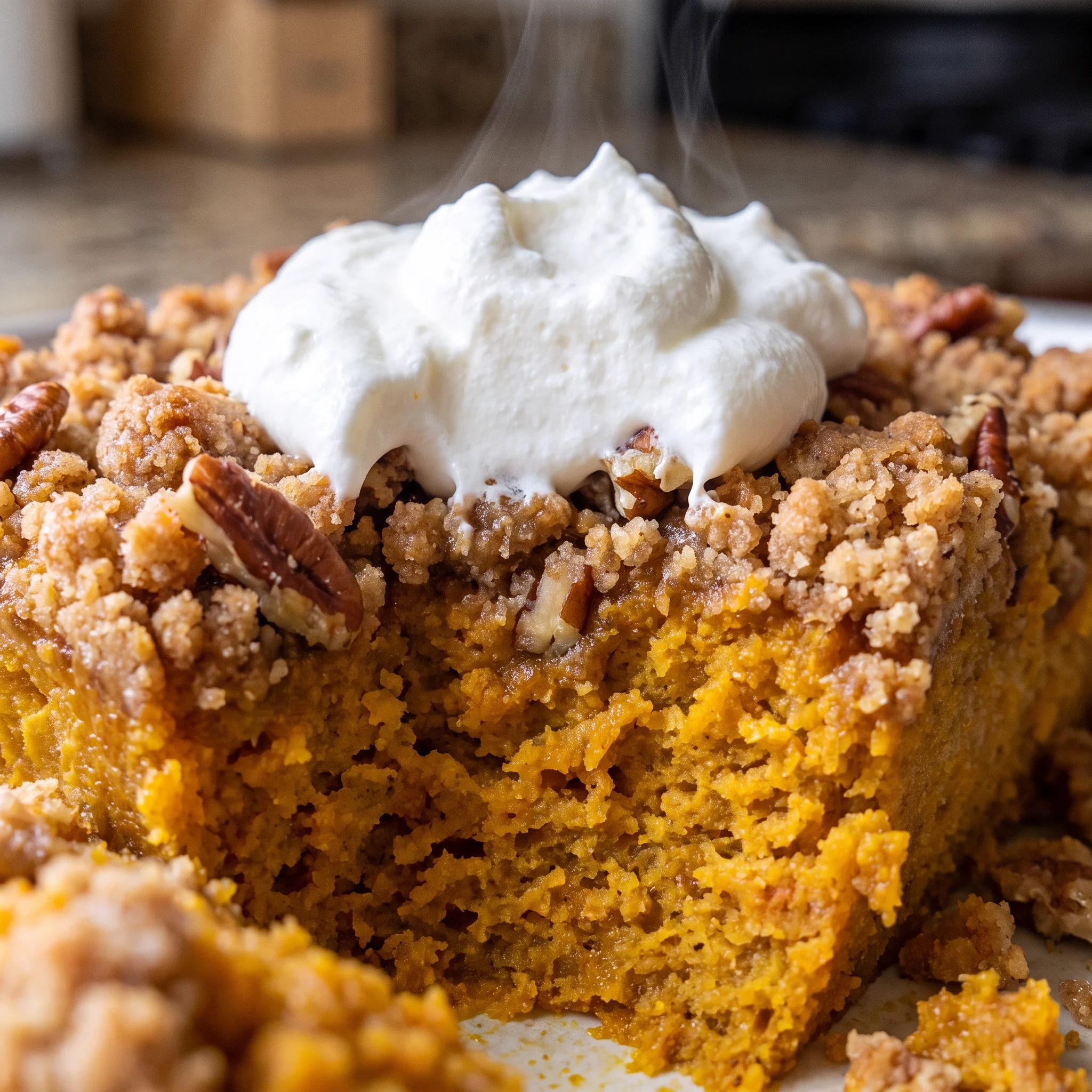 Pecan pieces and crumbly cake topping over smooth, dense pumpkin puree in a finished dessert.