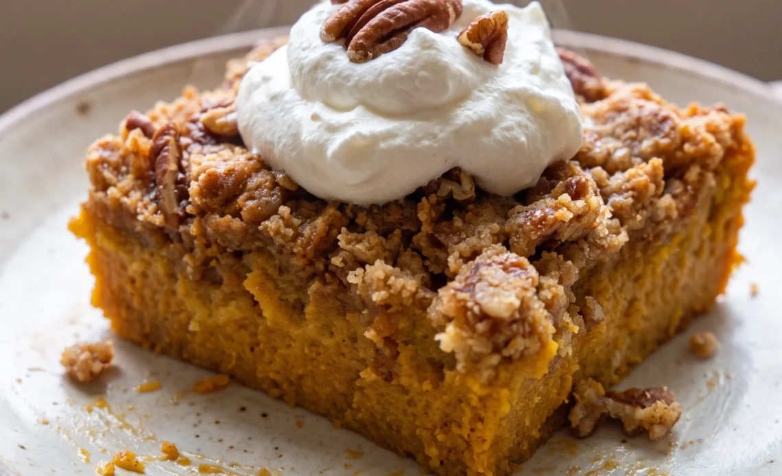 Pumpkin dump cake with a golden yellow cake mix topping, dotted with pecans, over a moist pumpkin puree layer.