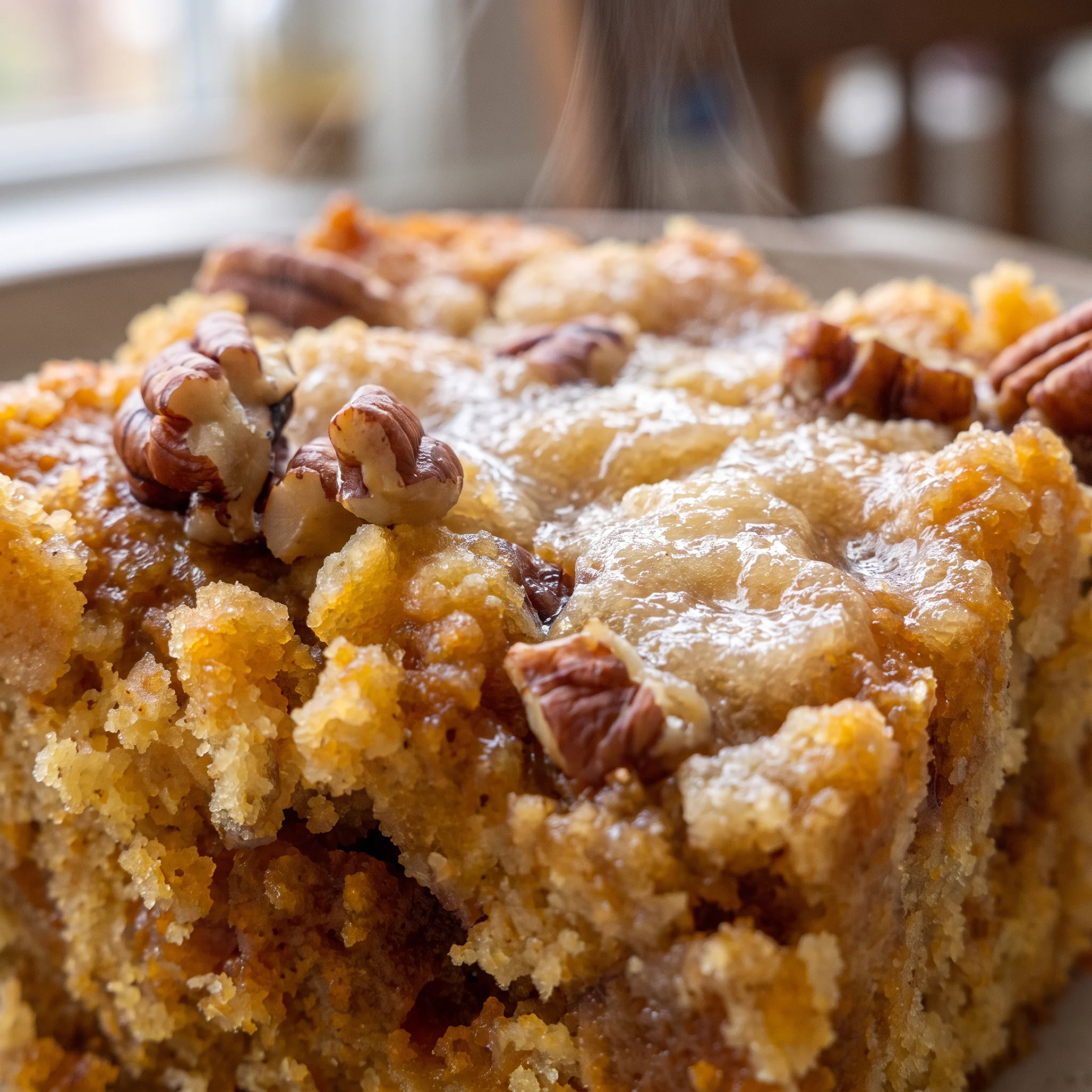 A forkful of moist orange pumpkin puree beneath a crumbly golden cake layer studded with toasted brown pecans.