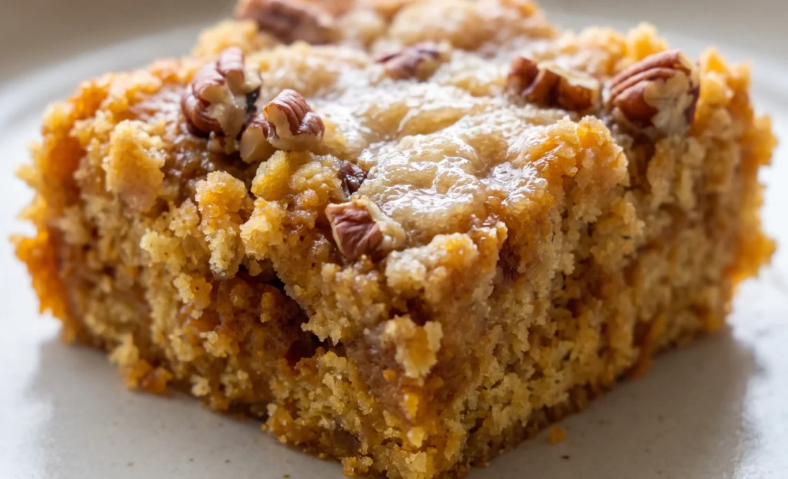 Pumpkin dump cake with a golden yellow cake mix topping, scattered pecans, and melted butter patches over orange pumpkin puree.