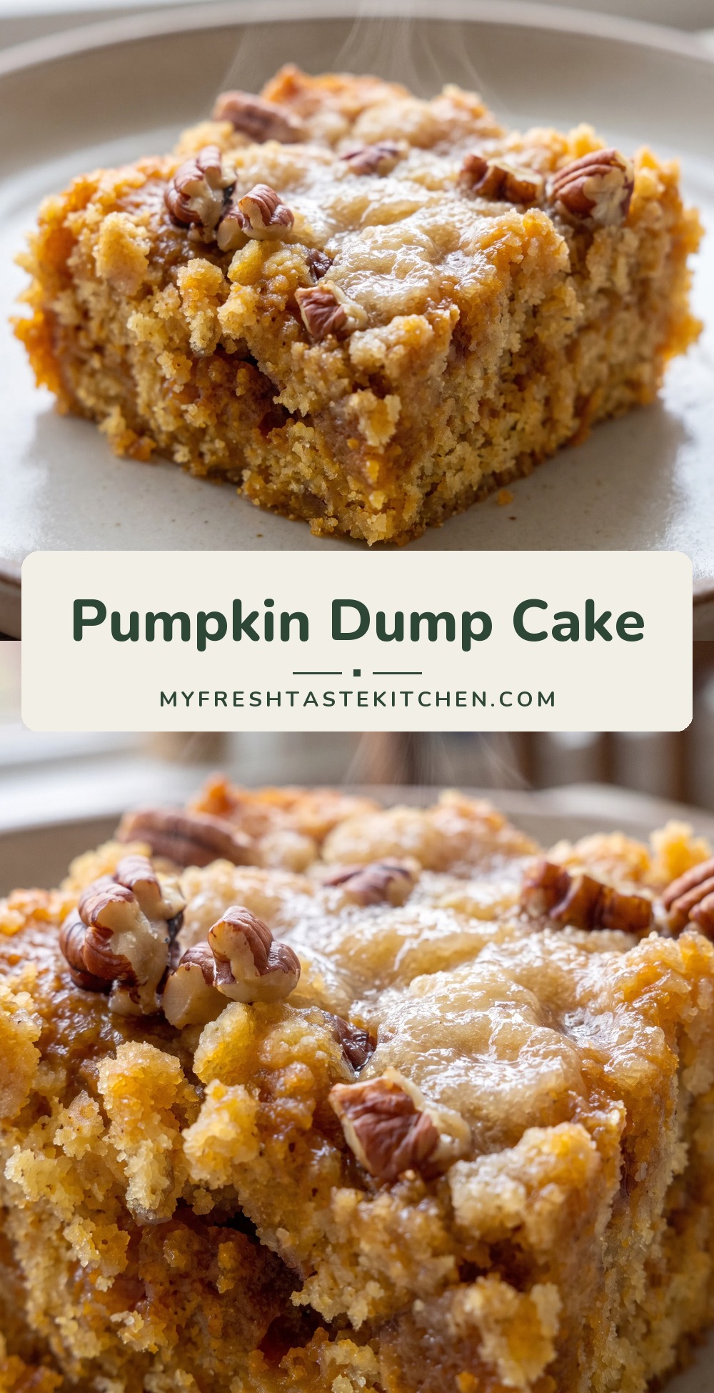 Golden baked pumpkin dump cake with a crumbly yellow cake mix and pecan topping over a smooth orange pumpkin layer, with melted butter sheen.