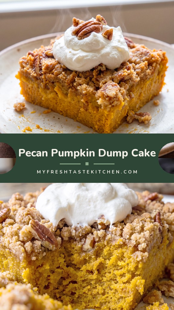 A golden-brown pumpkin dump cake with a crumbly yellow cake mix topping, studded with pecans and melted butter.