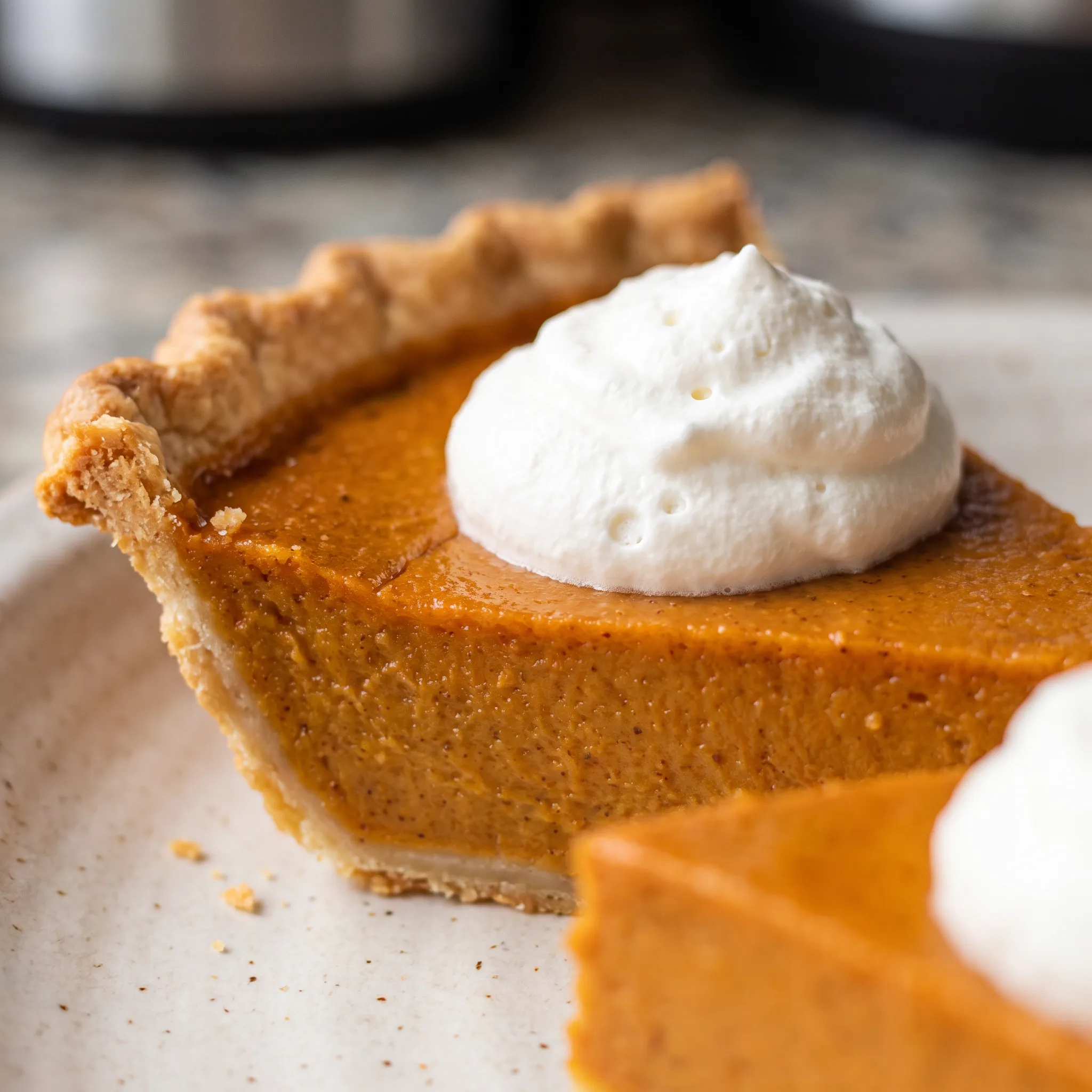 Slice of pumpkin pie showing creamy, spiced pumpkin puree filling with a flaky, golden crust edge.