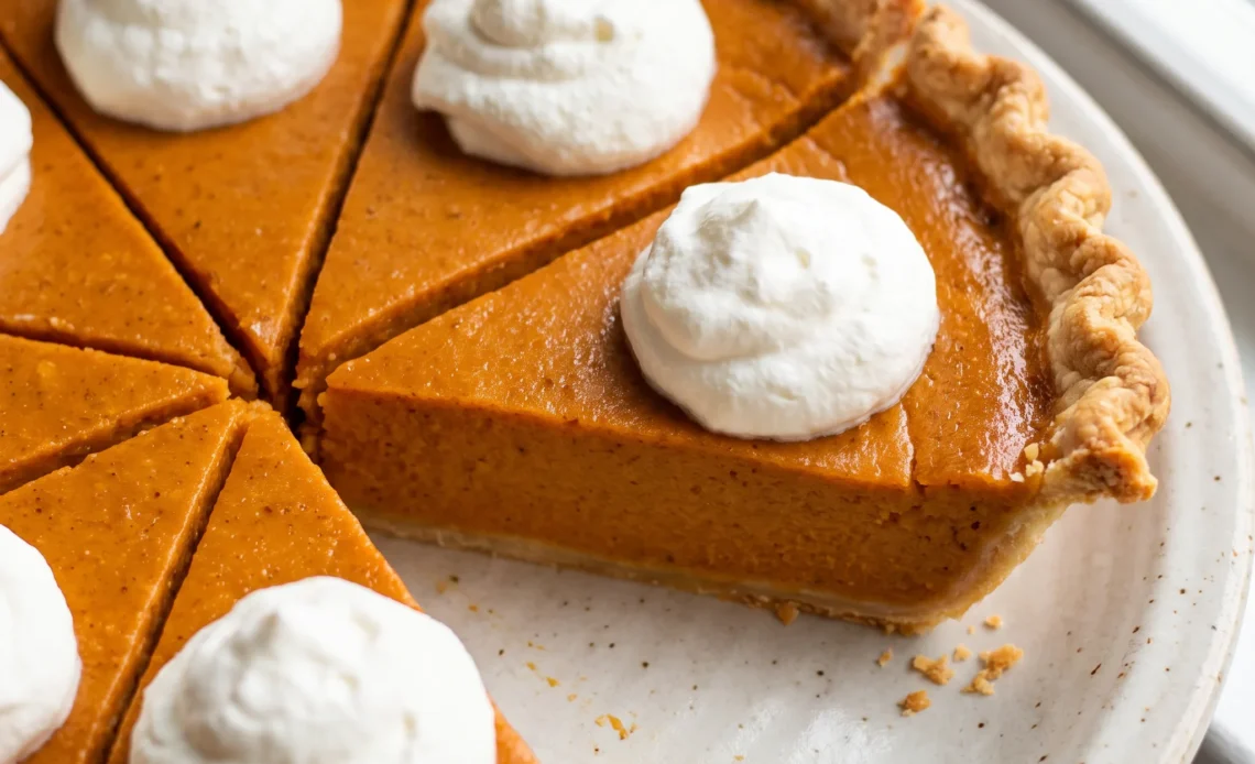 Whole pumpkin pie with golden-brown crust, smooth orange filling, and visible evaporated milk swirls on top.