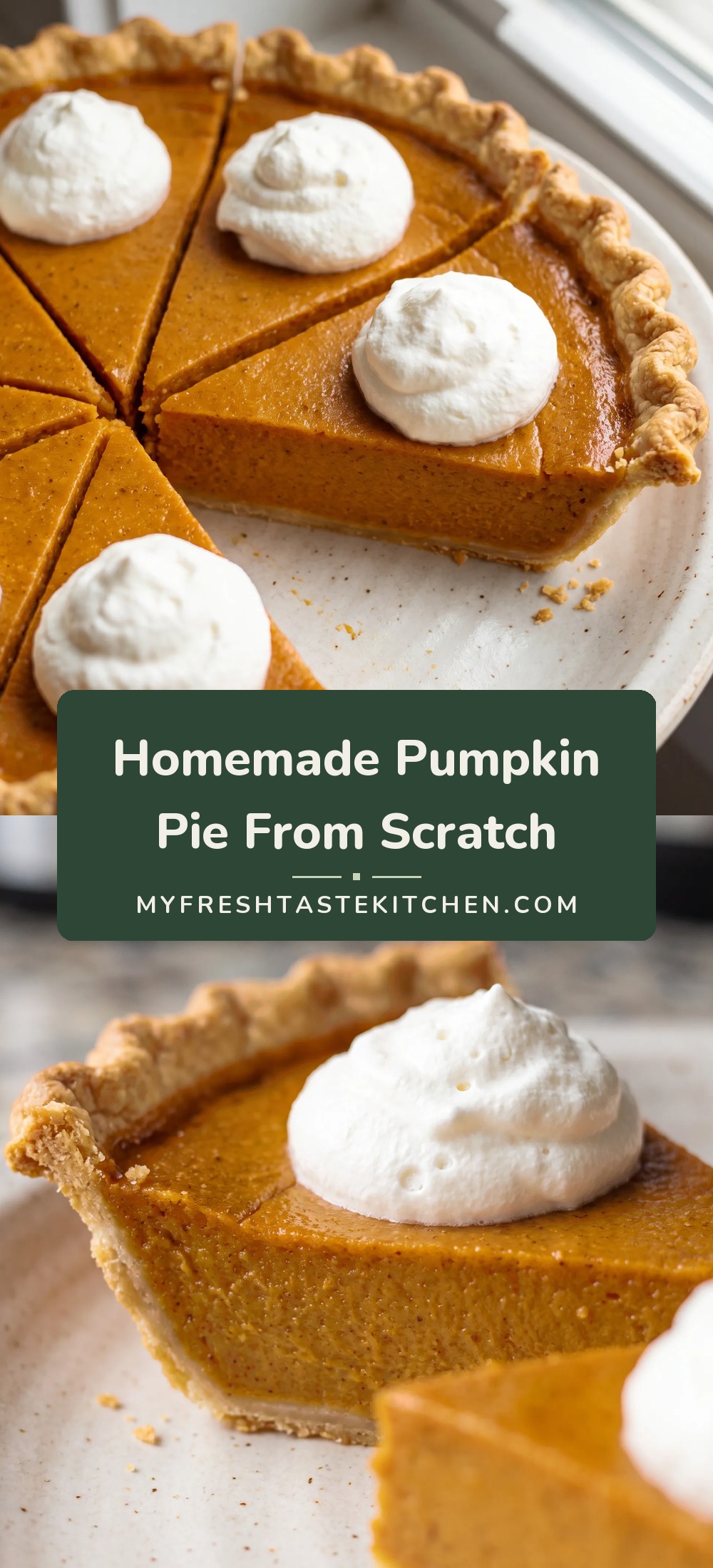 A slice of pumpkin pie with a golden brown crust and smooth, dark orange filling, topped with a swirl of whipped cream, on a plate with a fork.