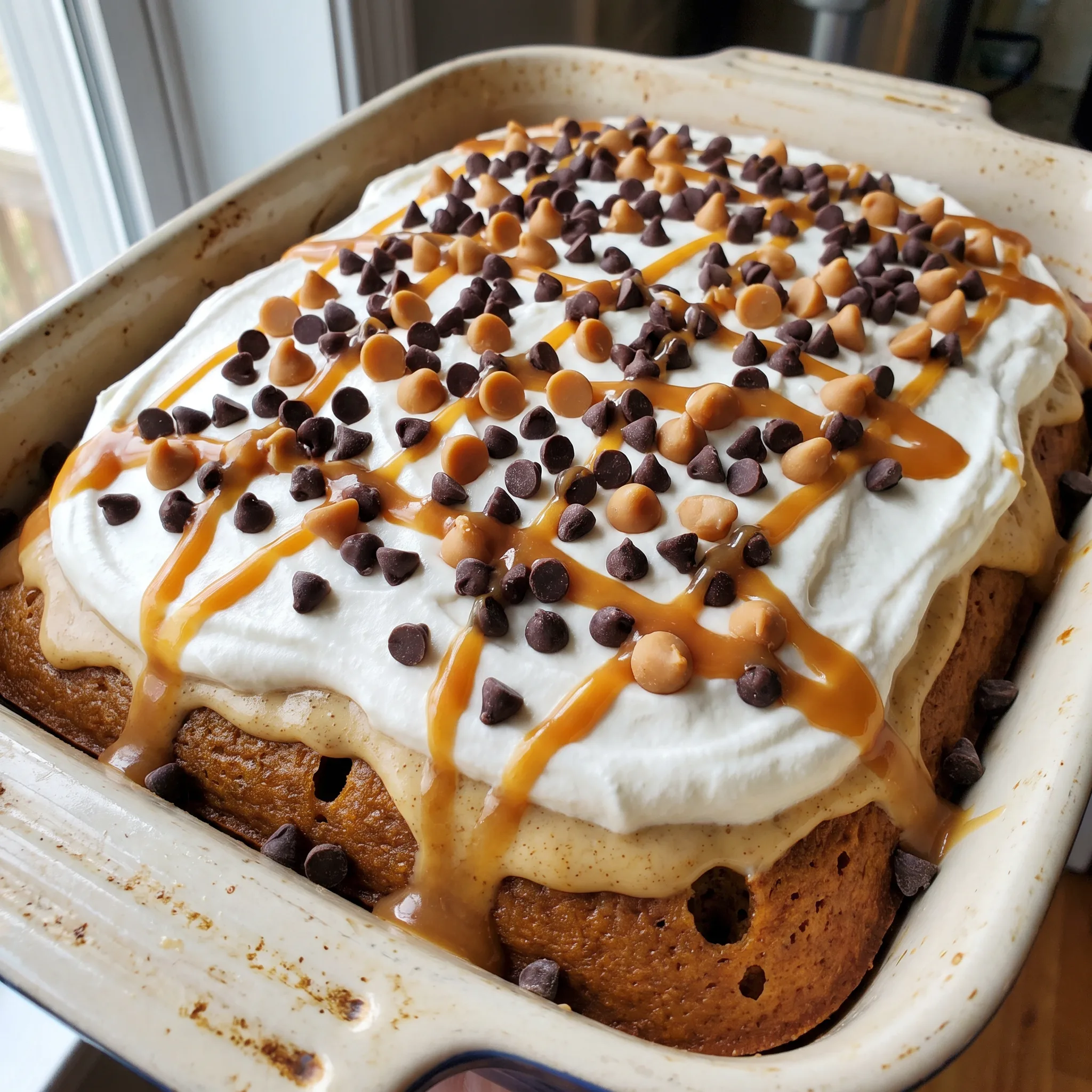 Pumpkin spice poke cake with cream cheese frosting, Cool Whip, chocolate chips, caramel chips, and caramel topping.