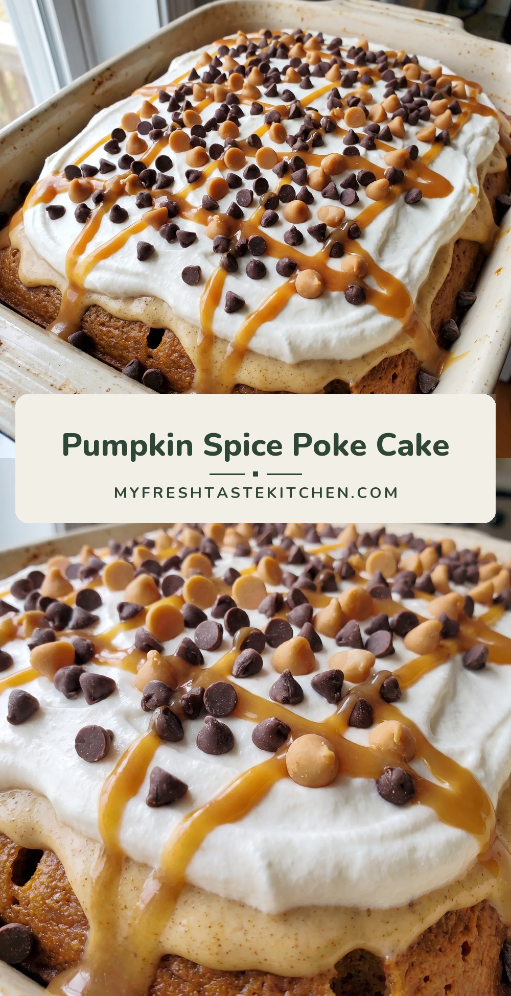 A slice of pumpkin spice poke cake with cream cheese frosting, Cool Whip, chocolate chips, caramel chips, and caramel topping.