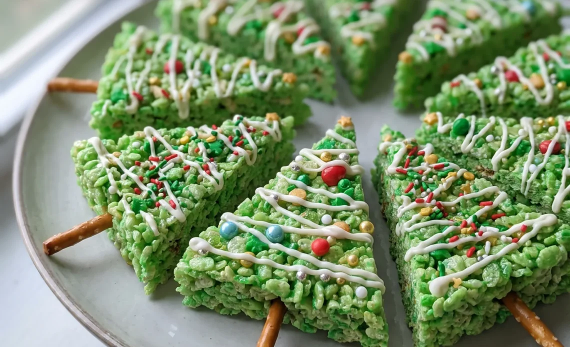 Rice Krispie Christmas Trees: green marshmallow-cereal cones on pretzel trunks, drizzled with white chocolate and colorful sprinkles.