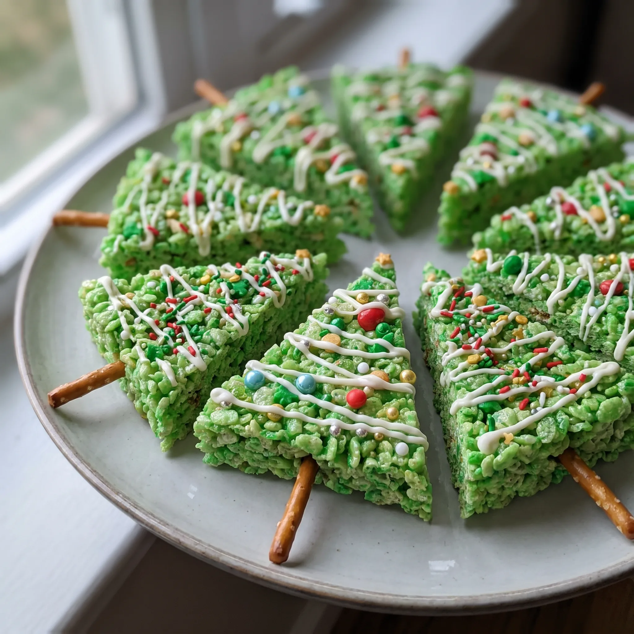 Rice Krispie Christmas Trees: green marshmallow-cereal cones on pretzel trunks, drizzled with white chocolate and colorful sprinkles.