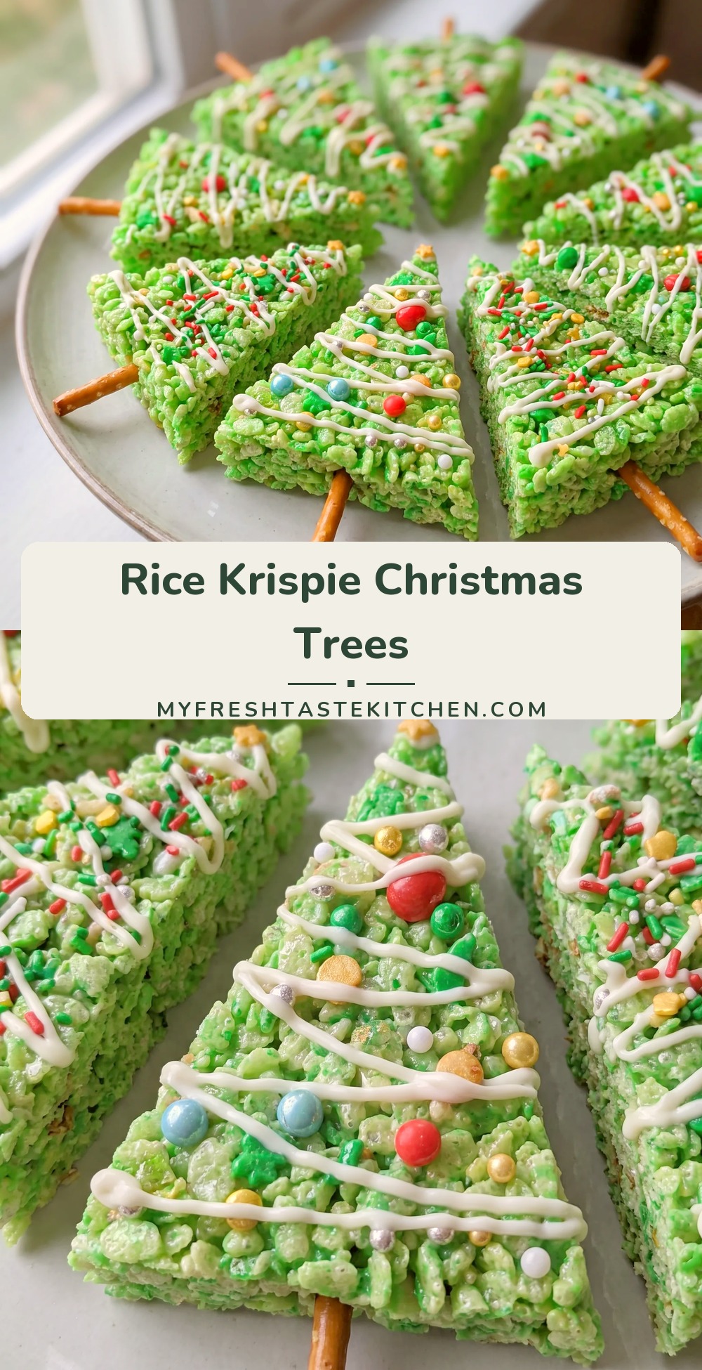 Green Rice Krispies Christmas trees with pretzel stick trunks, drizzled with white chocolate and topped with colorful sprinkles.