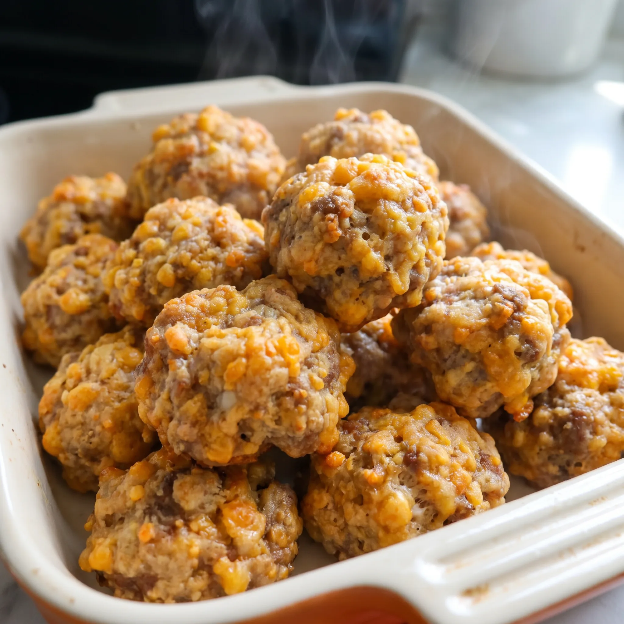 Crisp browned exterior of a sausage ball, with melted orange cheddar and savory sausage visible.