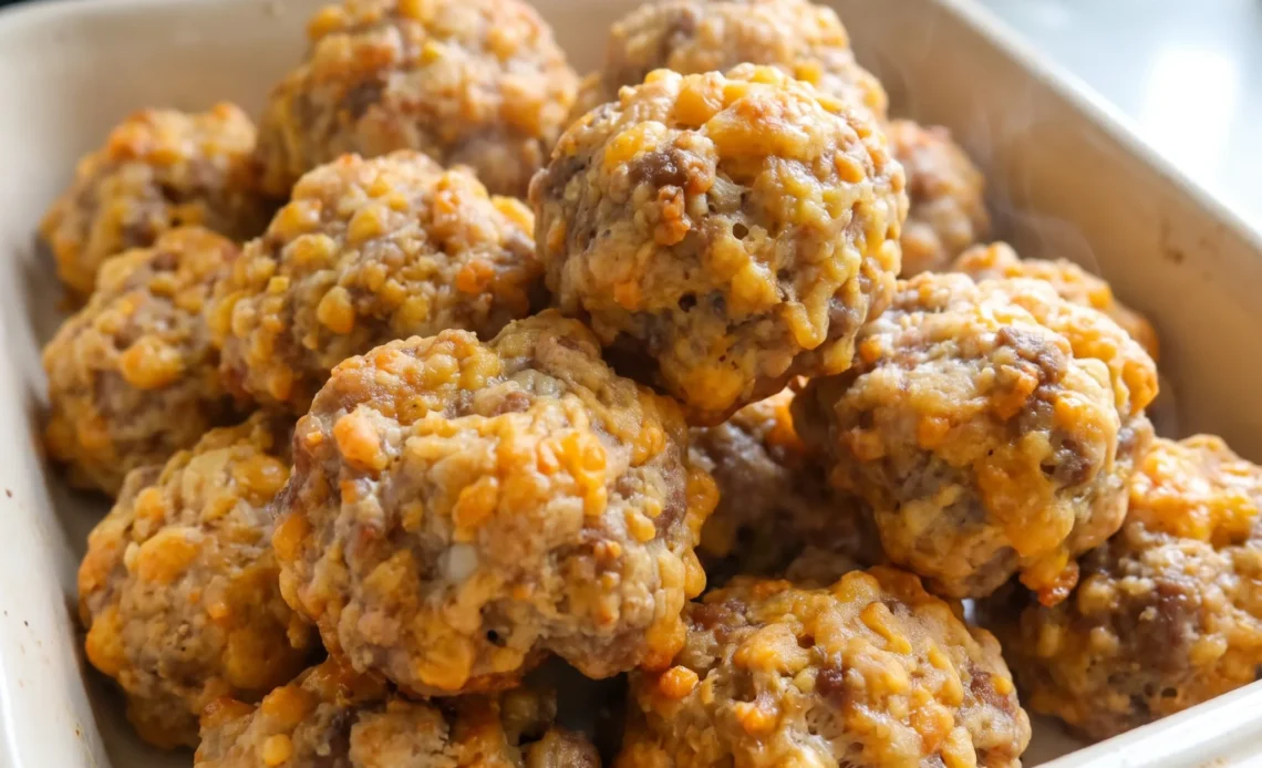 Round golden brown sausage balls with melted cheddar and Bisquick, speckled with sausage bits.