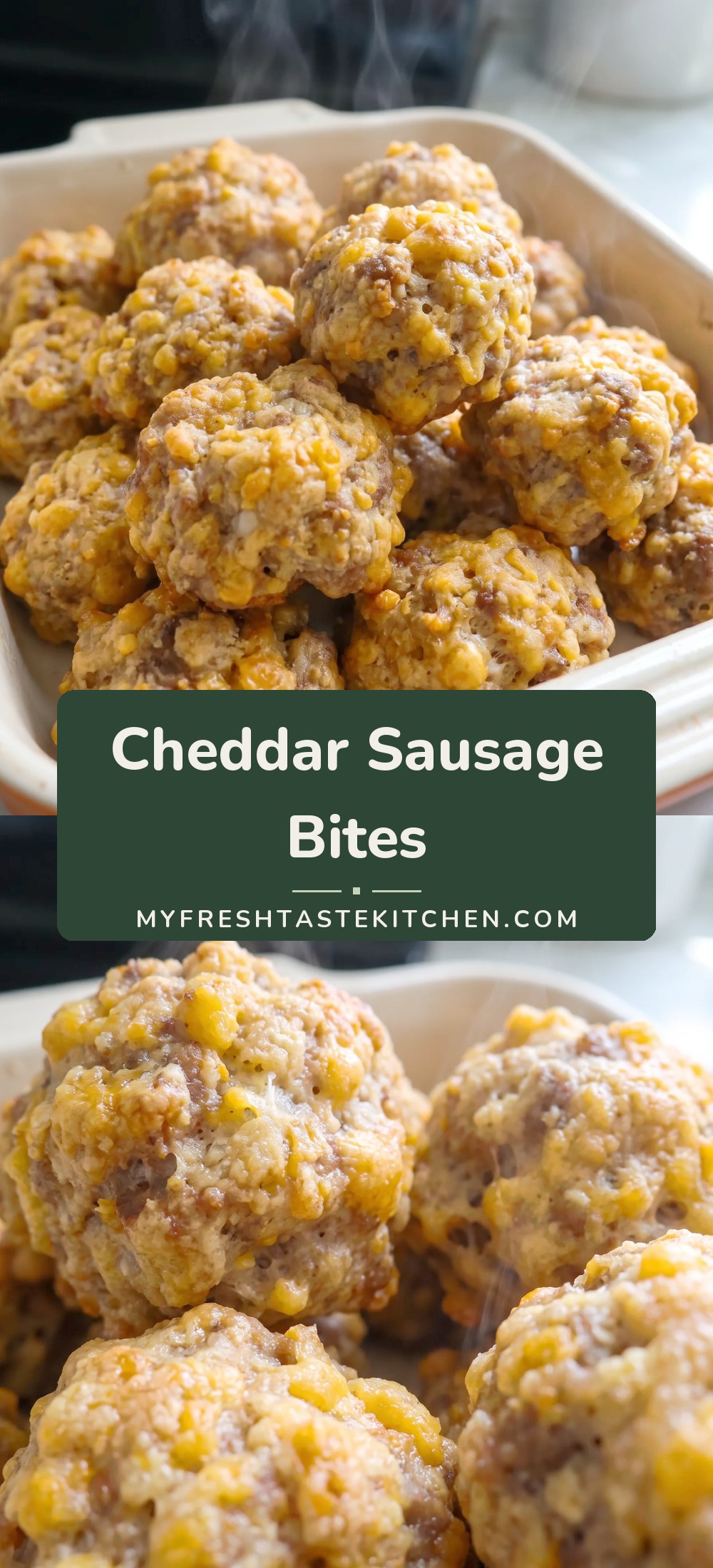 Golden brown sausage balls with melted cheddar and spicy sausage flecks, crisp edges and tender interiors from Bisquick.