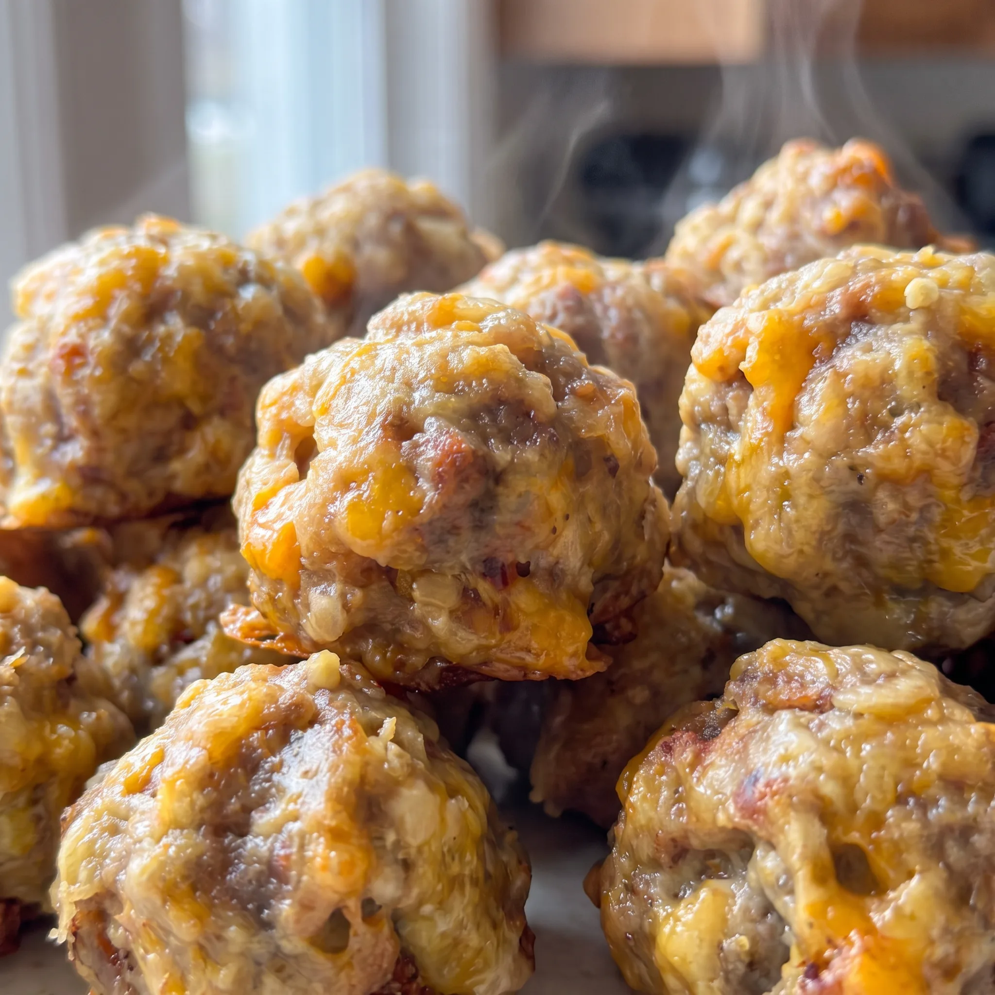 A sausage stuffing ball with a crispy golden exterior, revealing moist stuffing and gooey cheddar cheese.