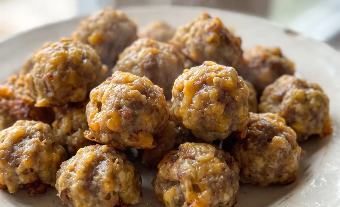 Sausage stuffing balls with browned sausage, golden stuffing cubes, and melted cheddar cheese.
