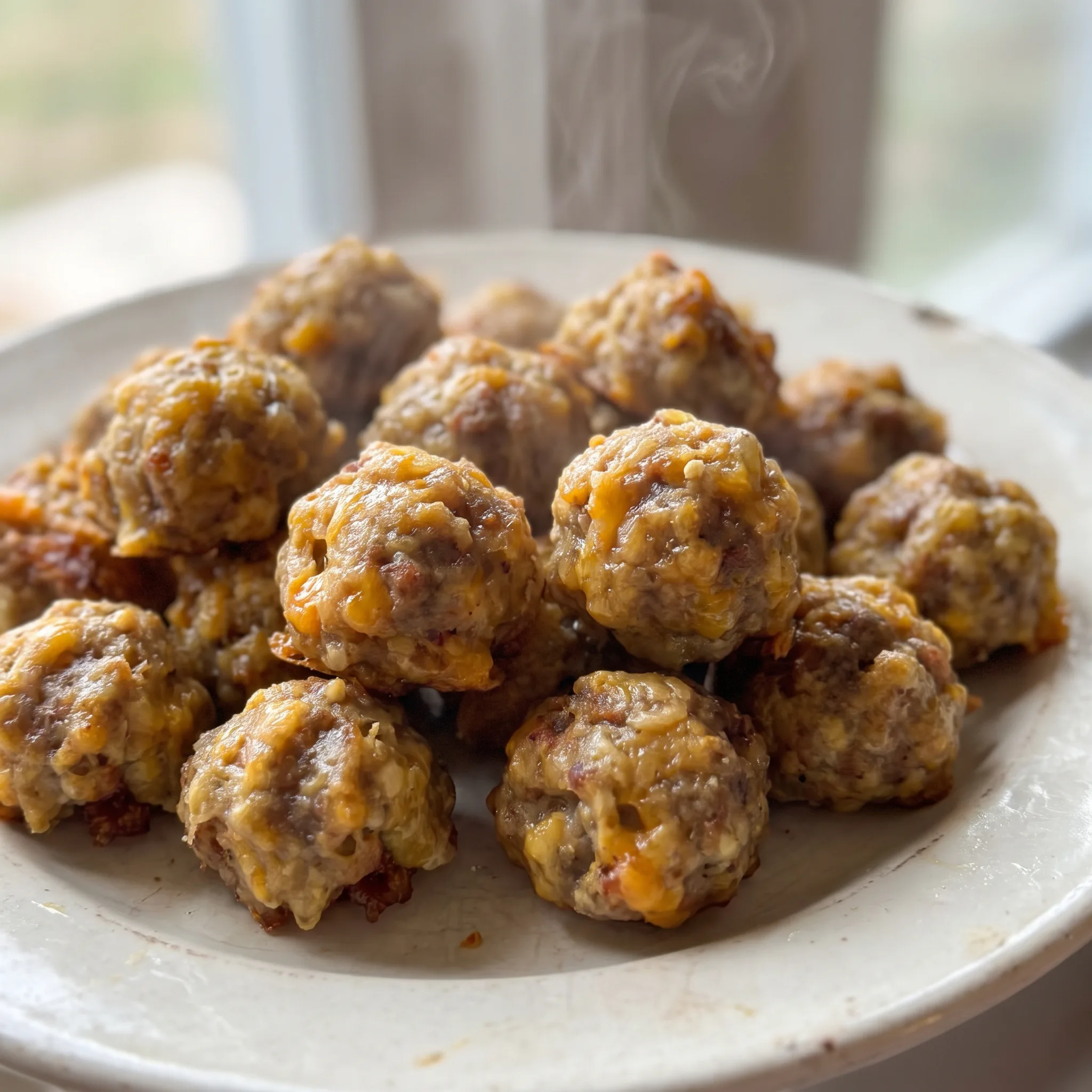 Sausage stuffing balls with browned sausage, golden stuffing cubes, and melted cheddar cheese.
