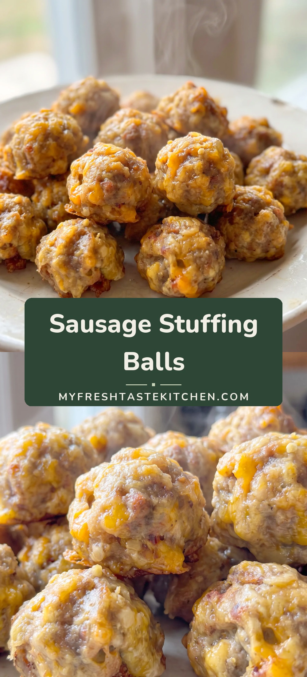 Golden brown sausage stuffing balls with melted cheddar cheese, flecked with herbs, on a serving dish.