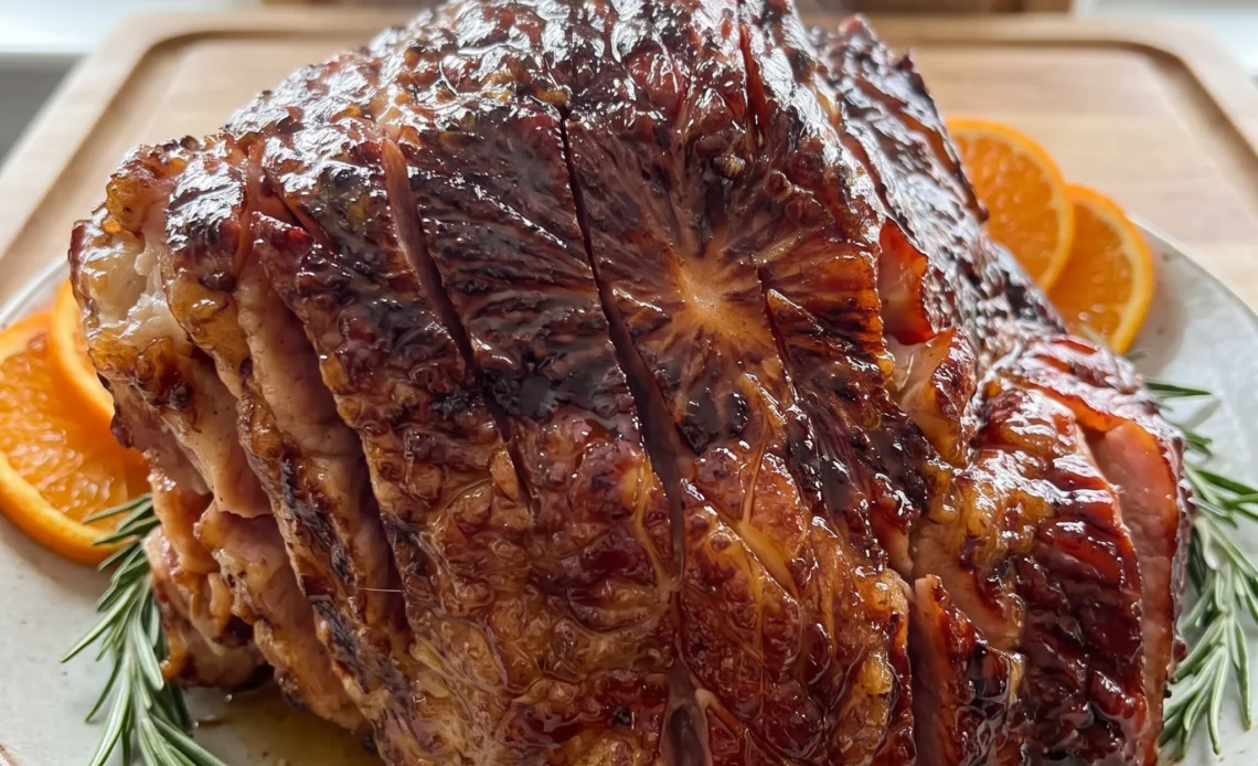 Glazed ham slices with brown sugar and orange juice glaze, butter and Dijon mustard sauce, glossy and caramelized.