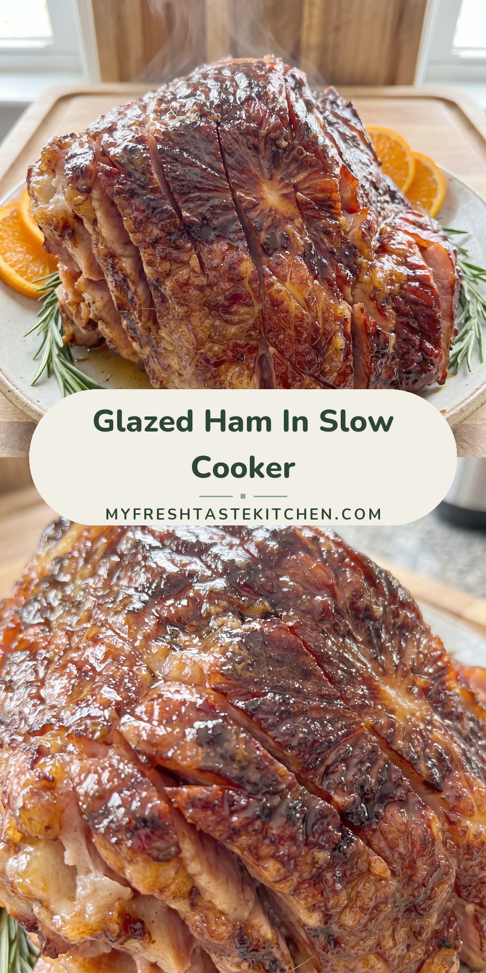 A glazed ham with a brown sugar crust, sliced to reveal pink meat, with a glossy orange-brown glaze.