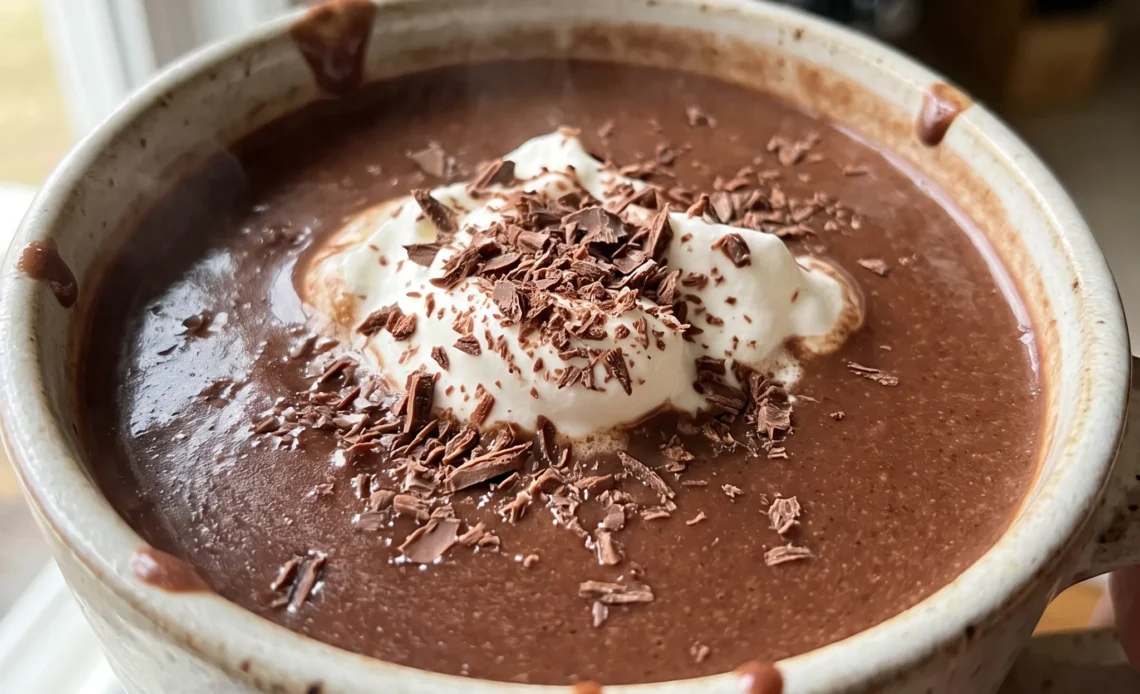 Slow cooker hot chocolate in a mug, creamy milk and cream blend with cocoa powder and melted milk chocolate chips.