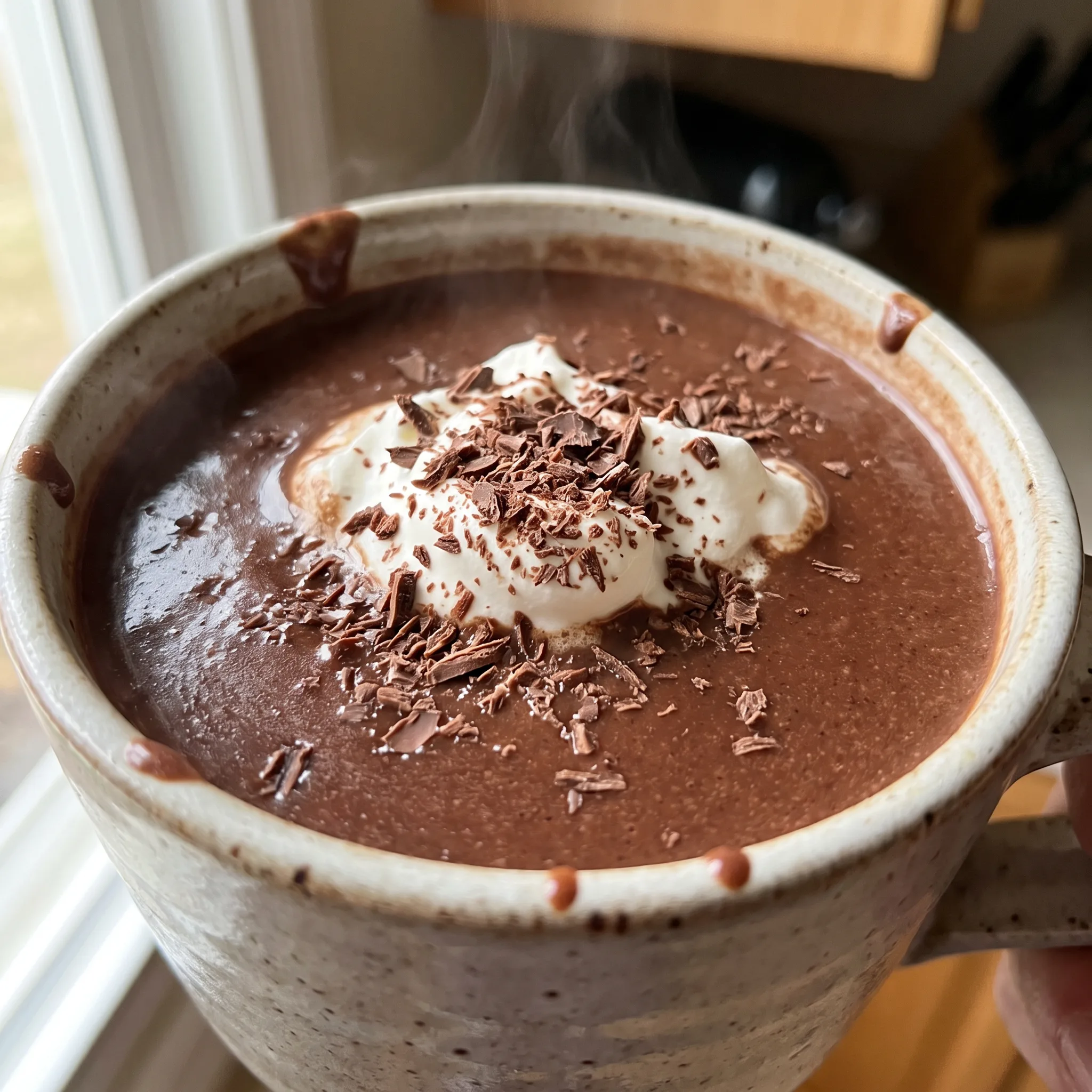 Slow cooker hot chocolate in a mug, creamy milk and cream blend with cocoa powder and melted milk chocolate chips.