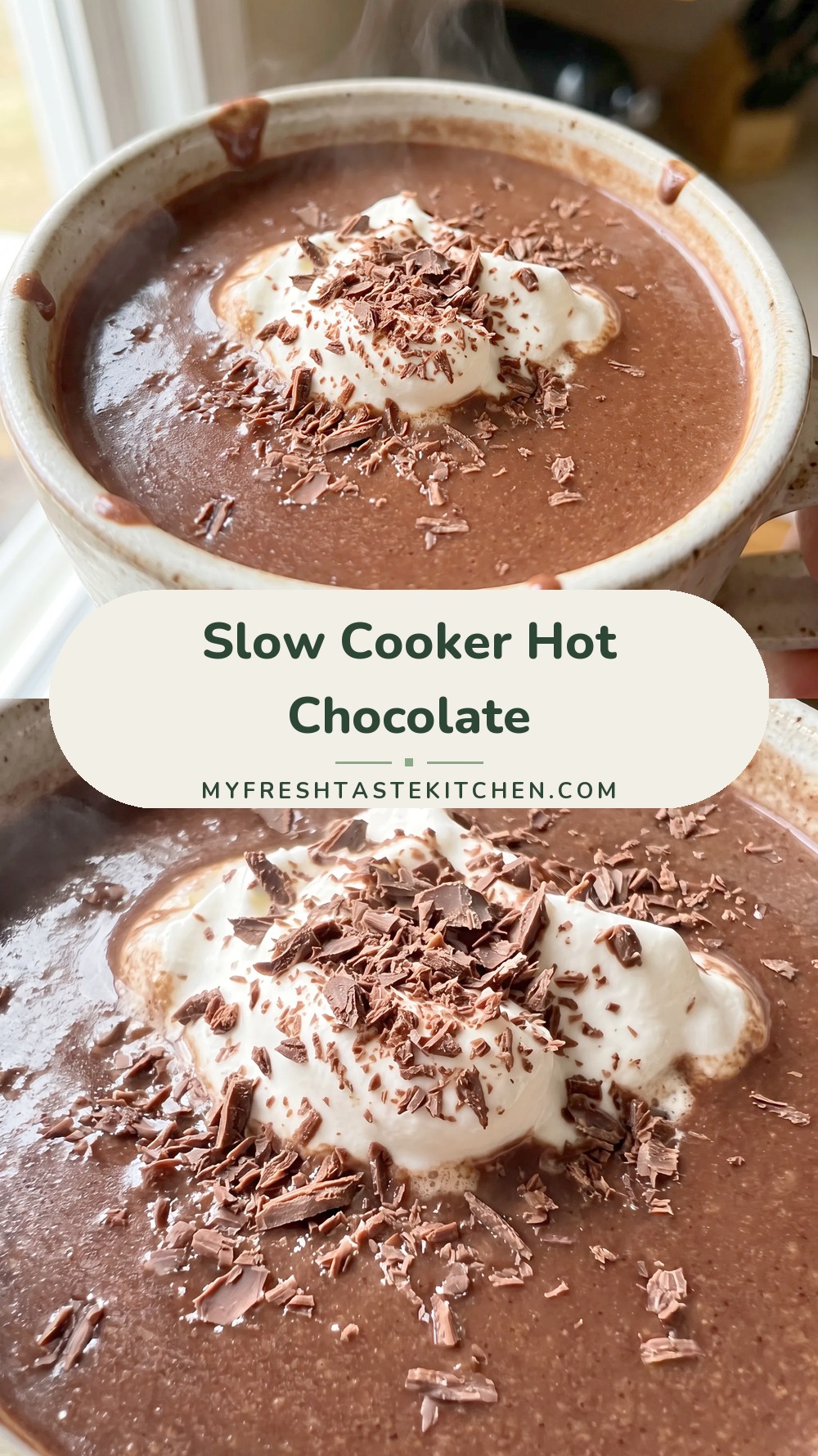 Creamy hot chocolate in a mug, topped with whipped cream and chocolate shavings, with whole milk, heavy cream, cocoa, and chocolate chips nearby.
