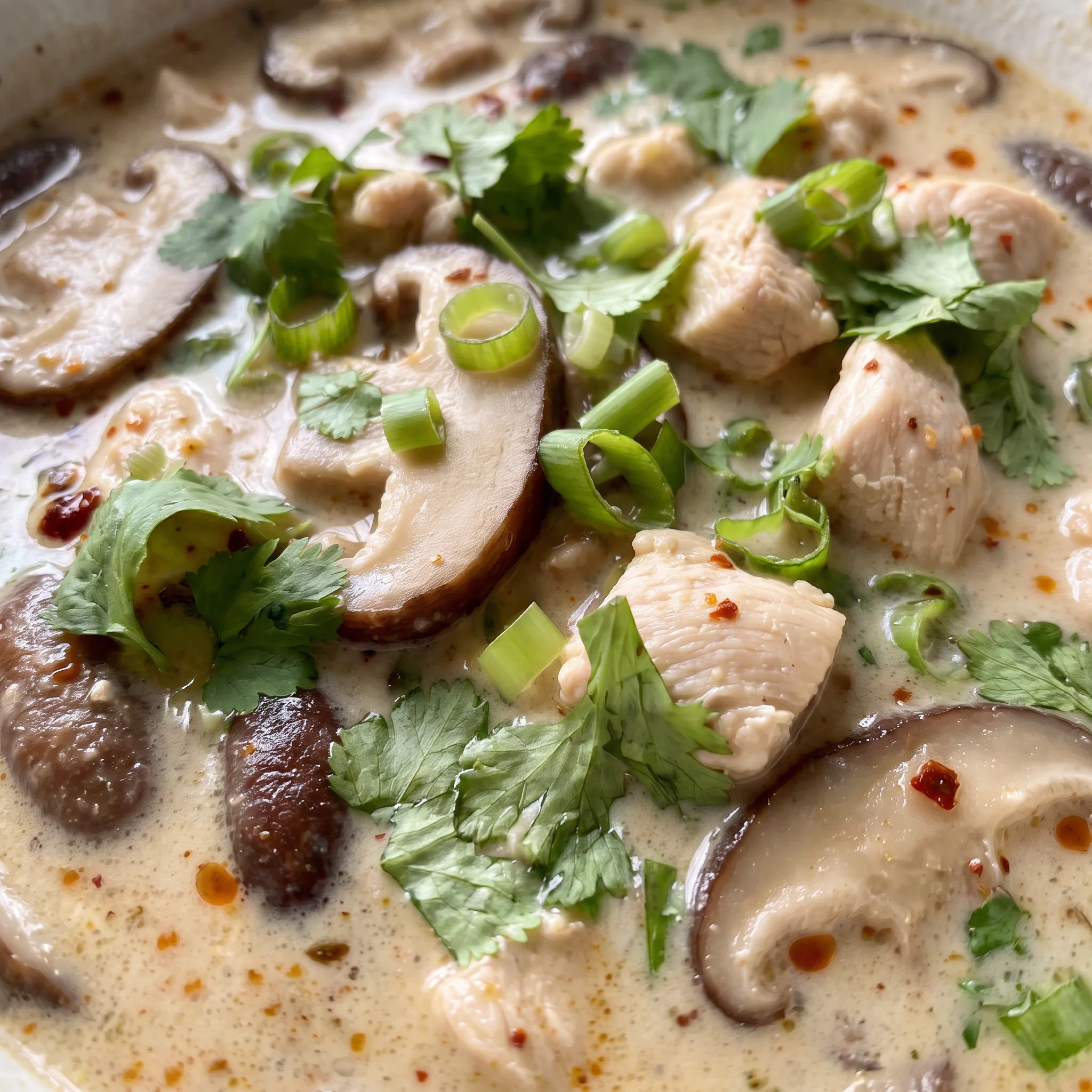 Creamy coconut soup with tender chicken pieces, sliced mushrooms, and lemongrass stalks, smooth and slightly oily texture.