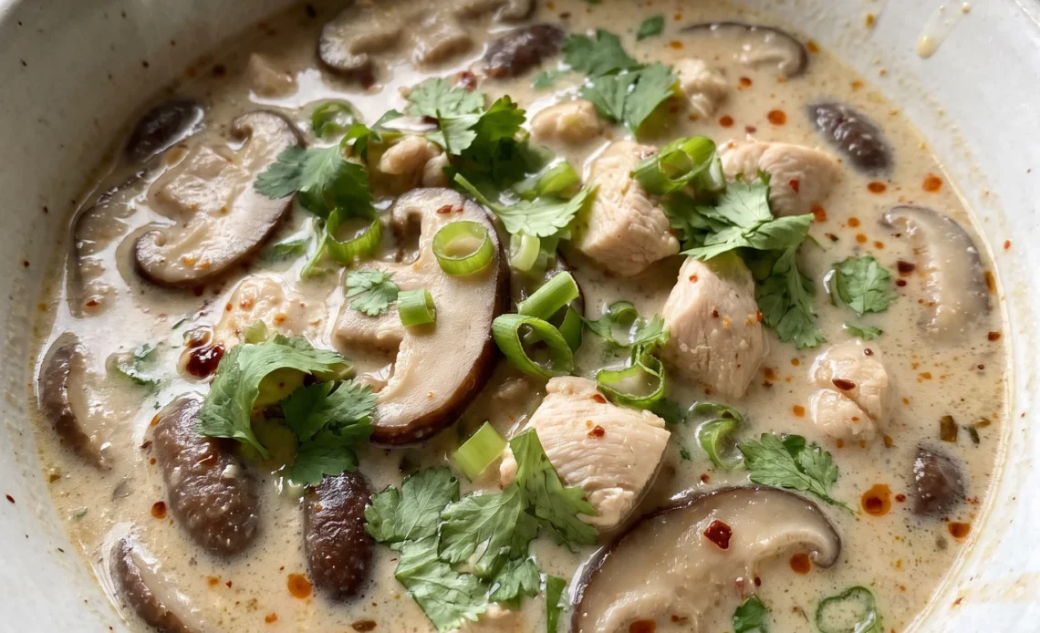 Slow Cooker Tom Kha Soup with chicken, coconut milk, mushrooms, lemongrass, and galangal, creamy broth with visible slices.