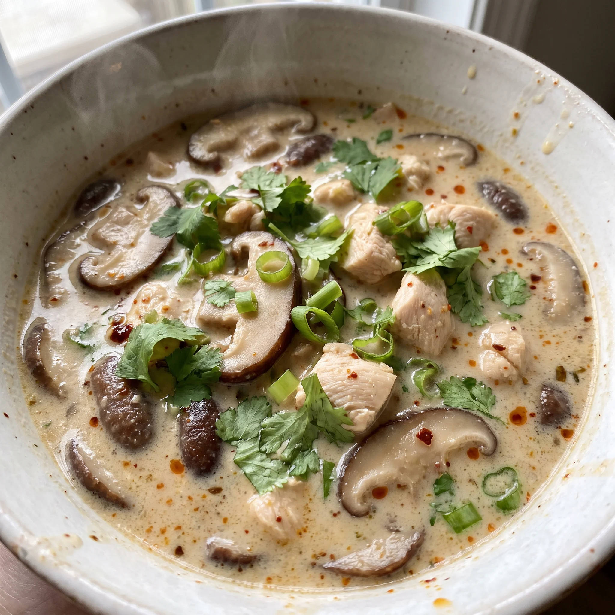 Slow Cooker Tom Kha Soup with chicken, coconut milk, mushrooms, lemongrass, and galangal, creamy broth with visible slices.
