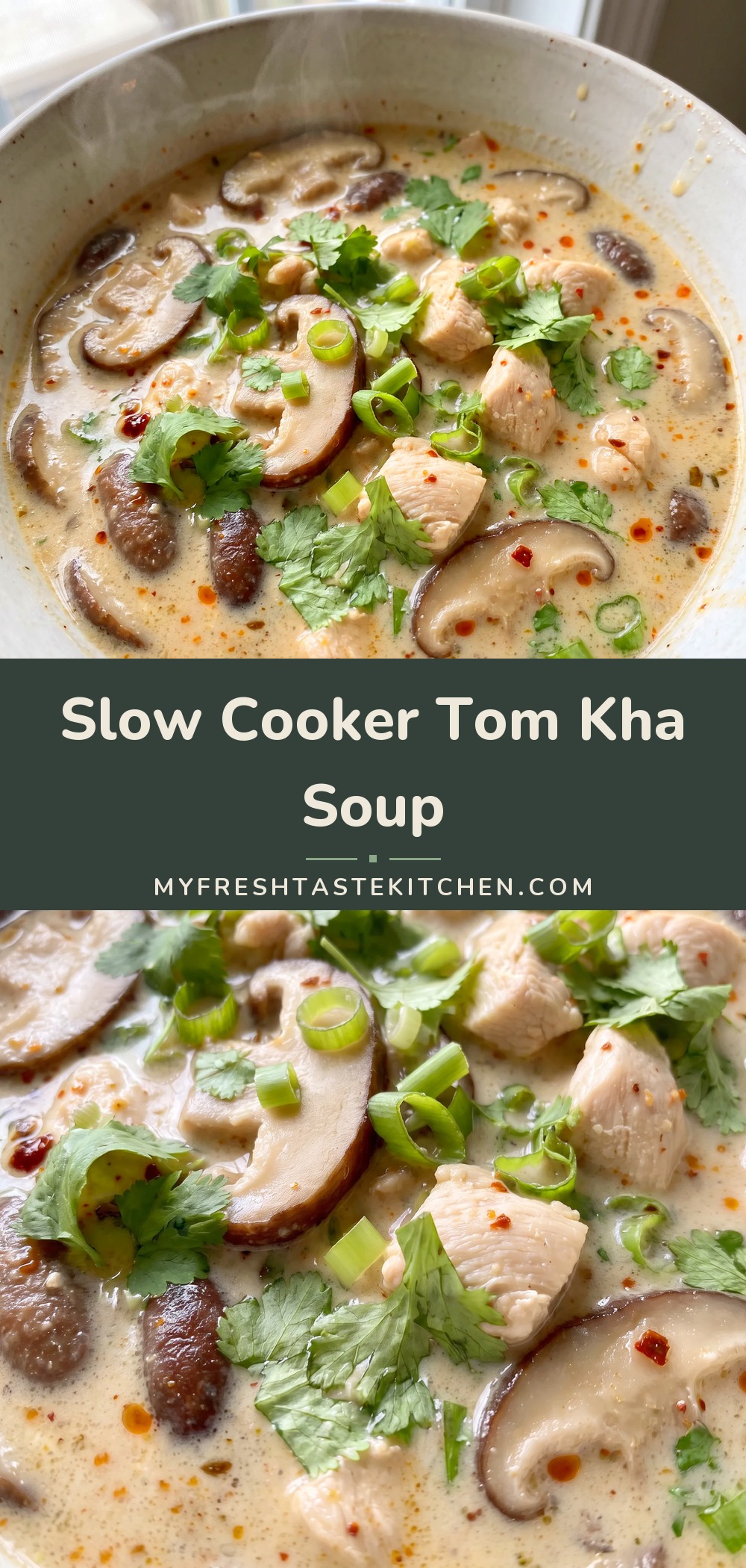 A creamy soup with chunks of chicken, mushrooms, and herbs in coconut milk broth.