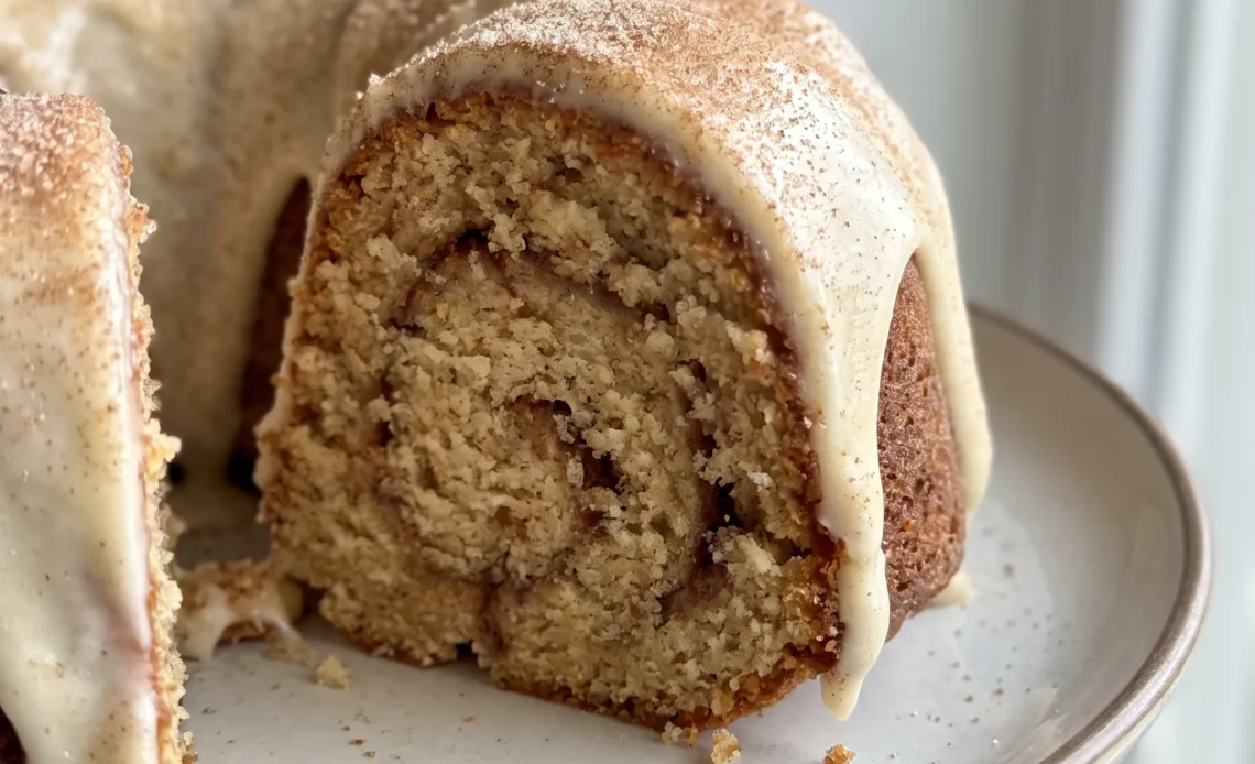Snickerdoodle Bundt cake with a cinnamon swirl, cream cheese glaze, and cinnamon sugar.
