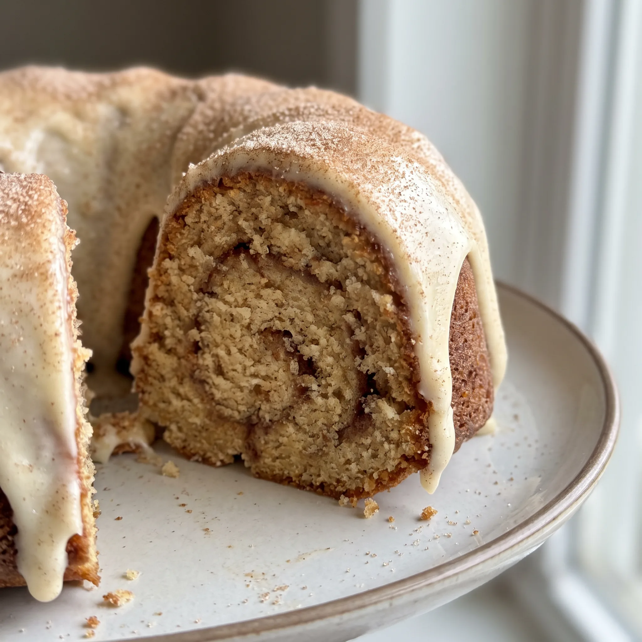 Snickerdoodle Bundt cake with a cinnamon swirl, cream cheese glaze, and cinnamon sugar.