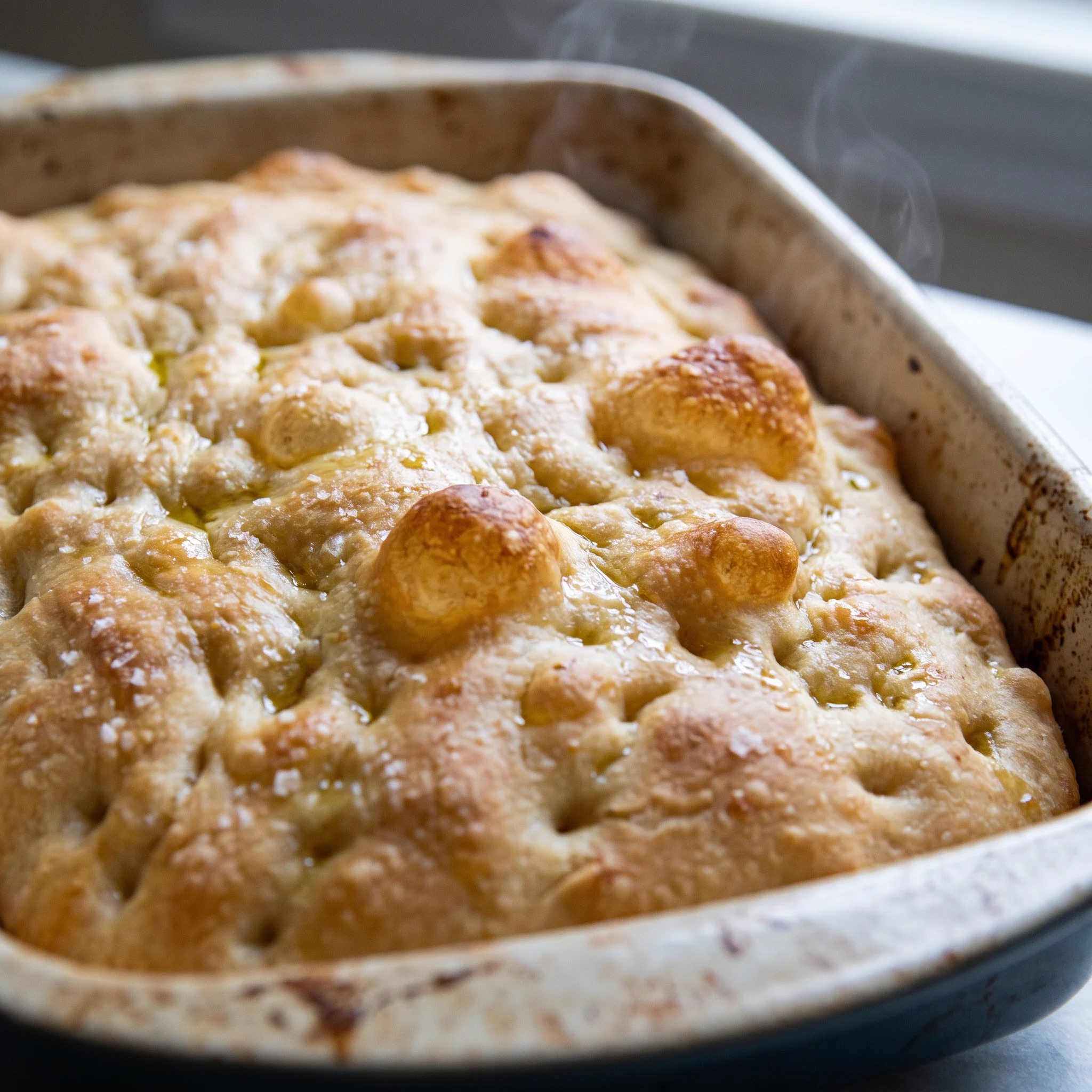 Sourdough focaccia with a golden crust, dimpled surface, glossy olive oil, and scattered flaky sea salt.