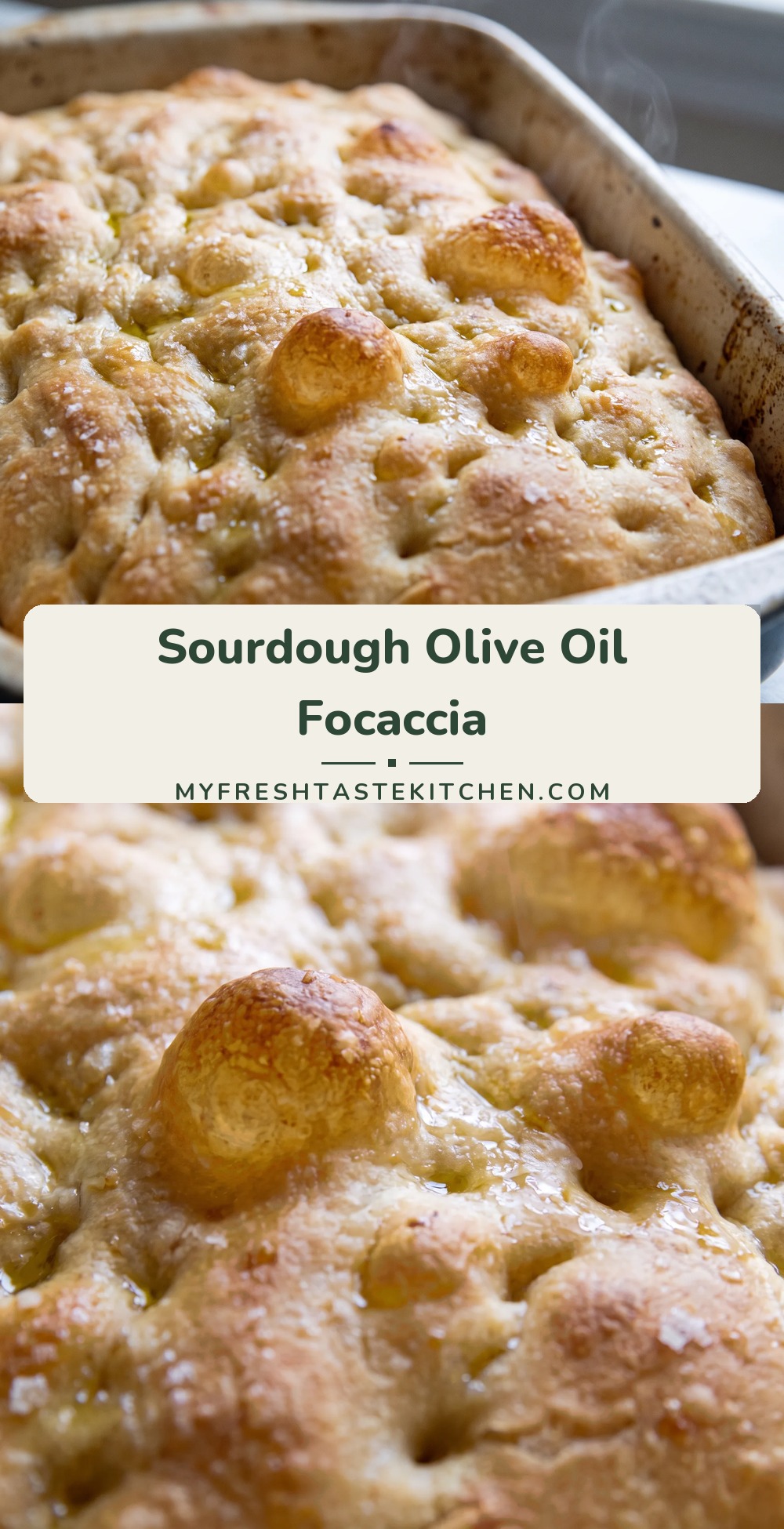 Golden sourdough focaccia with a dimpled, olive-oil-glossed crust scattered with white flaky sea salt crystals.