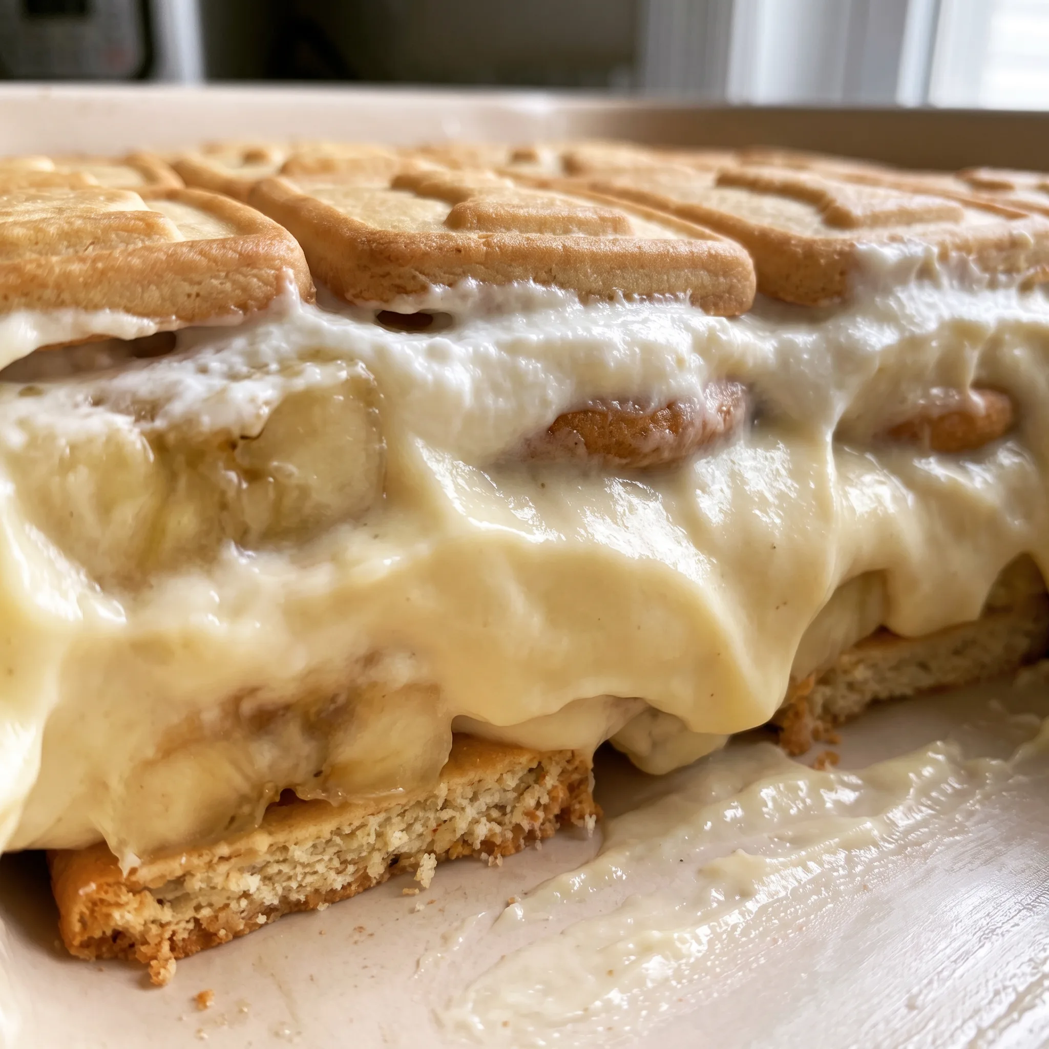 Smooth pudding with visible cream cheese swirls, topped with fluffy whipped topping and a crisp vanilla wafer.