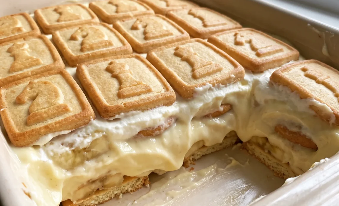 Banana pudding with vanilla wafers, layered with creamy pudding and whipped topping, garnished with banana slices.